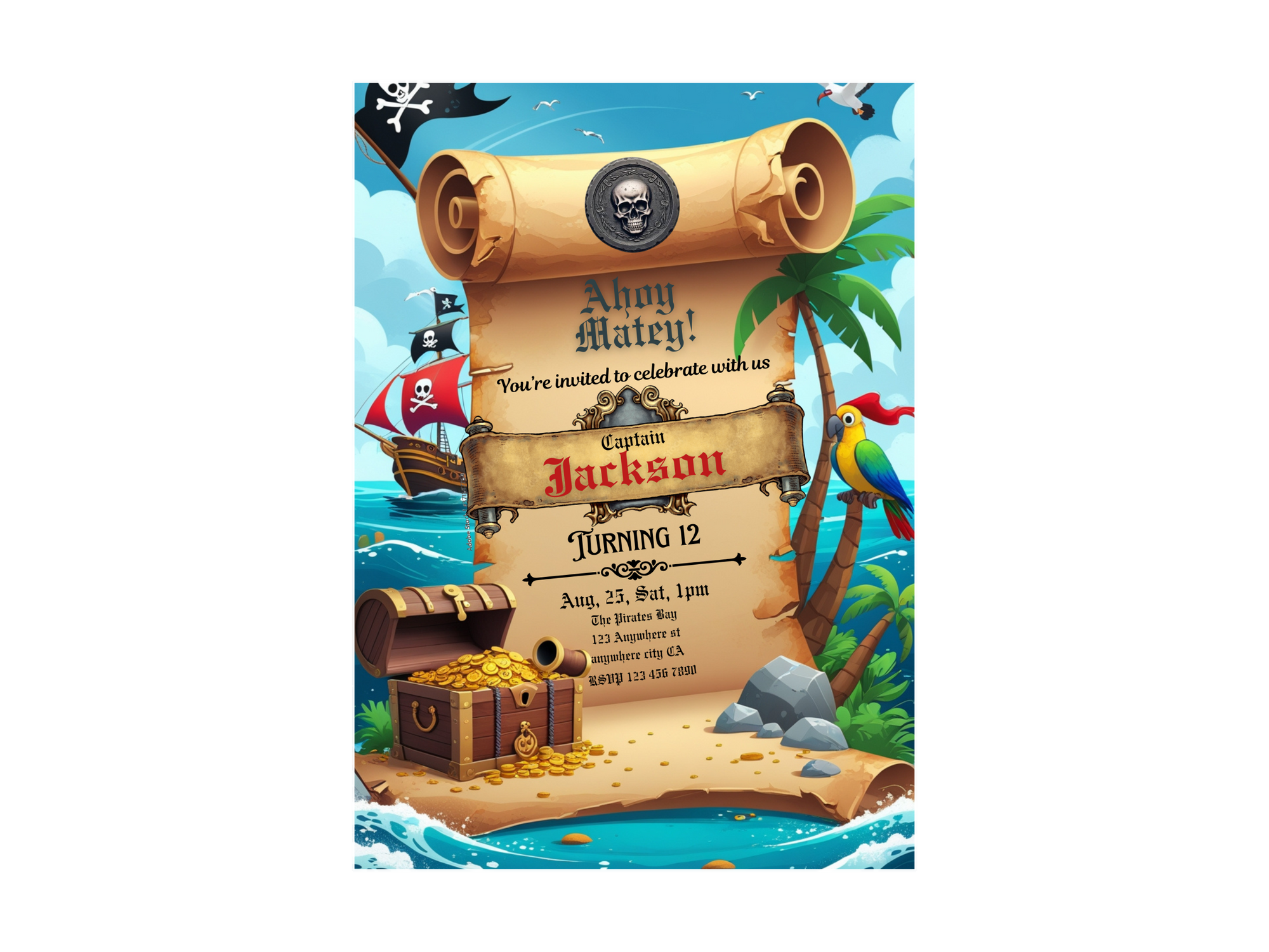 Pirate Birthday Invitation Template – Editable Treasure Map Party Invite for Boys – Printable Digital Download