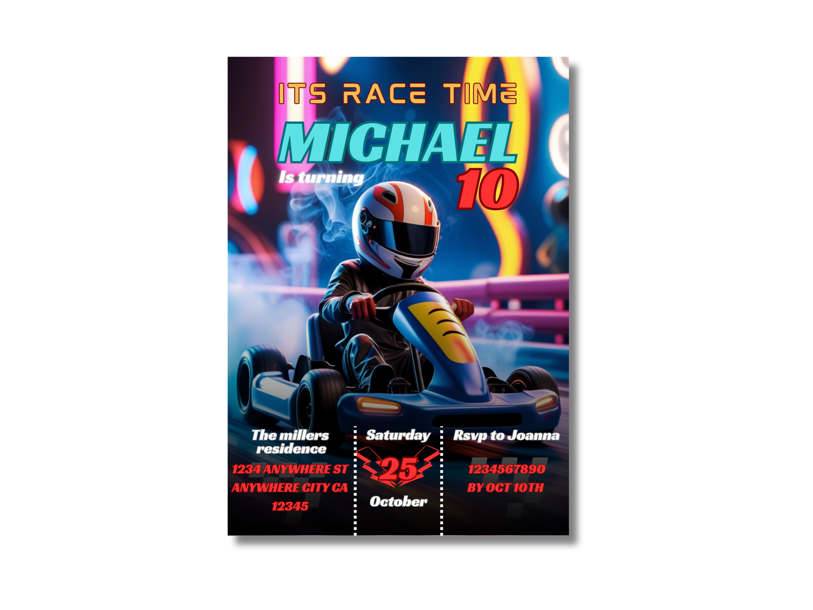 Invitation card with a racing theme featuring a child in a helmet and car, set against a colorful race track background.