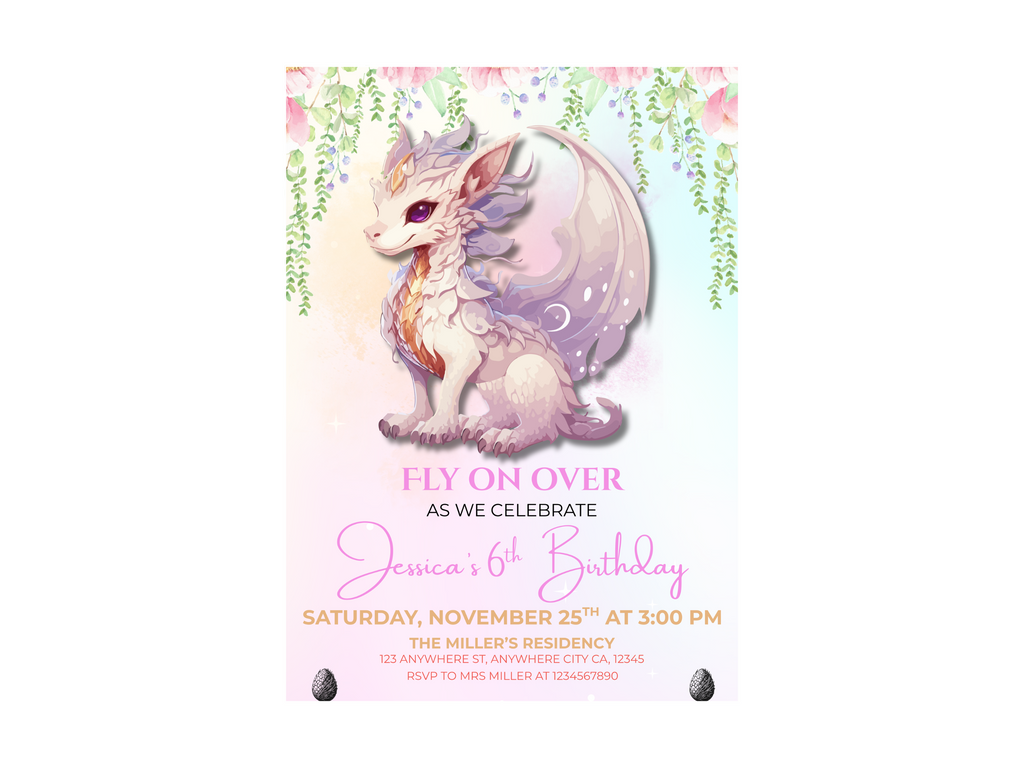 Birthday invitation with a dragon illustration on a light pink background