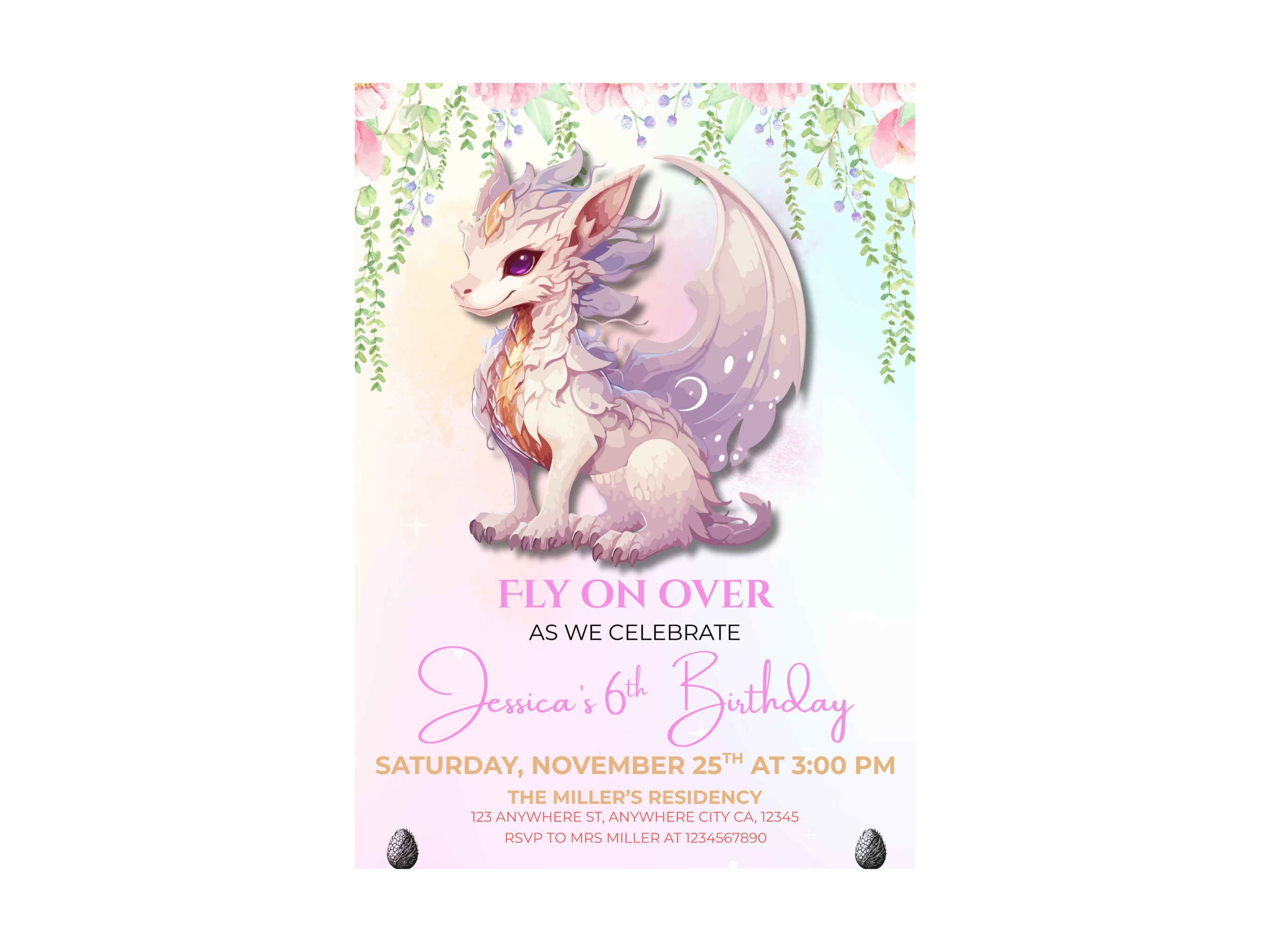 Birthday invitation with a dragon illustration on a light pink background