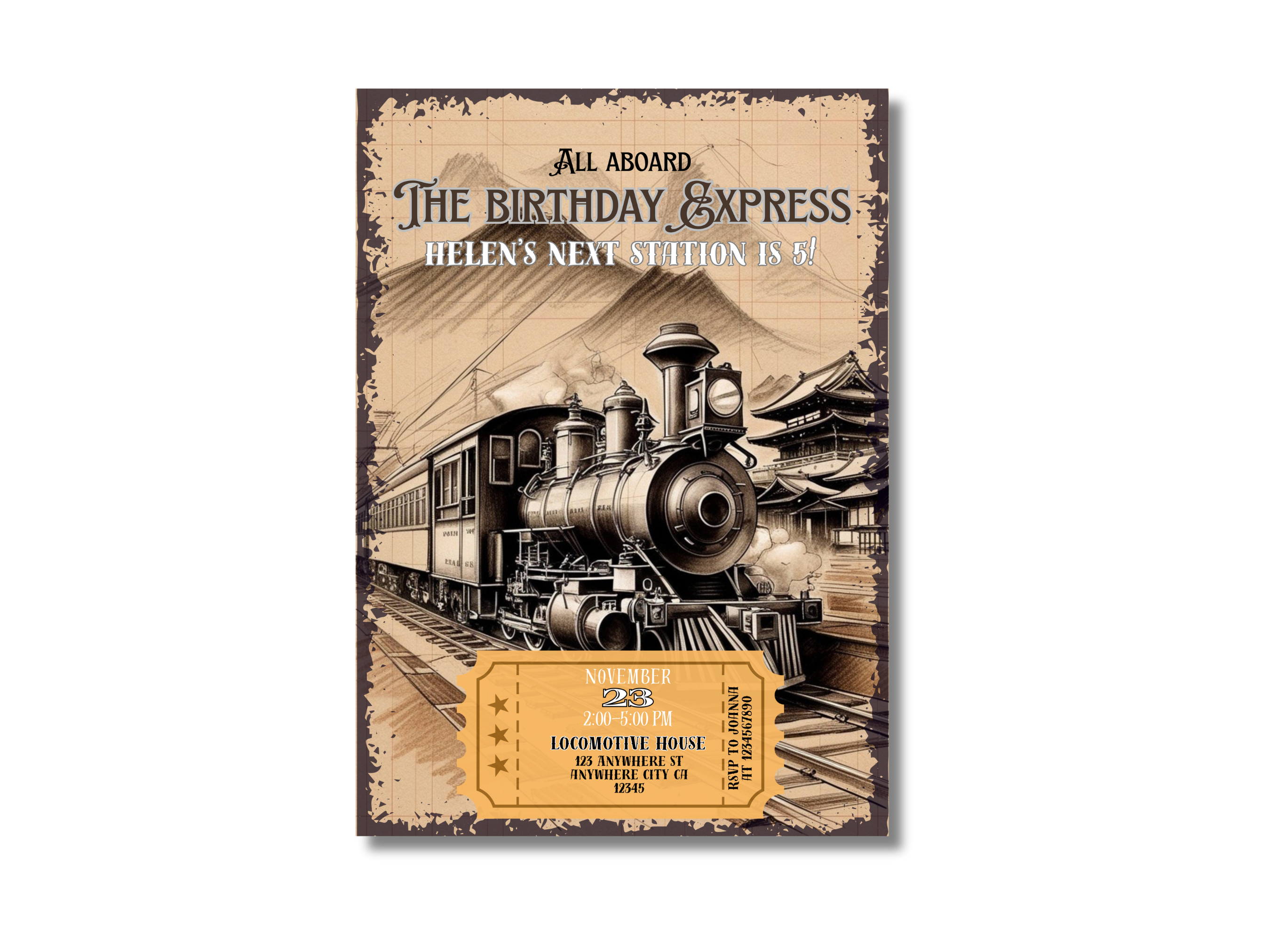 Vintage-style birthday invitation with steam locomotive design on a white background