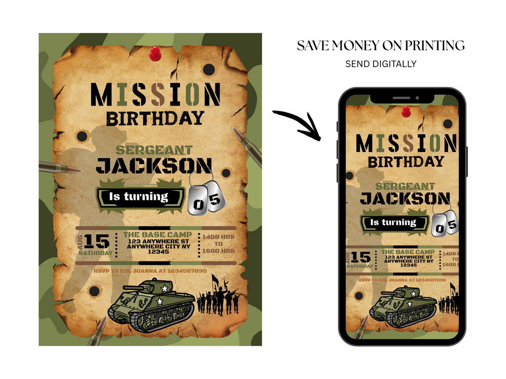 Birthday invitation card with military theme and digital option on phone screen