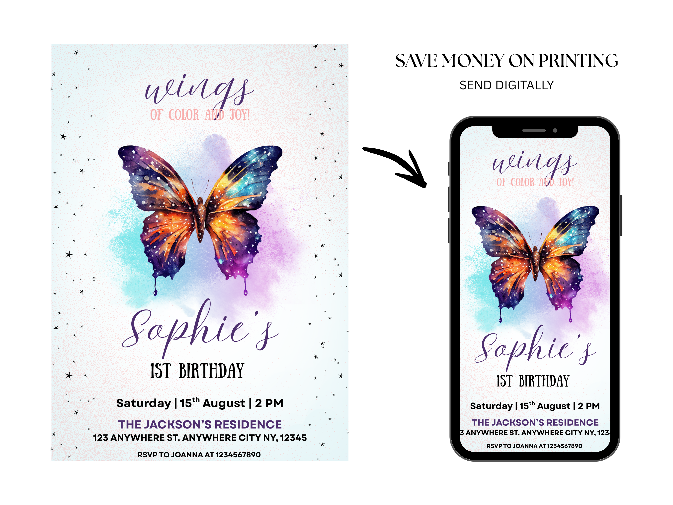 Butterfly Wings Birthday Invitation | Editable Floral Garden Party Canva Template | Digital Download