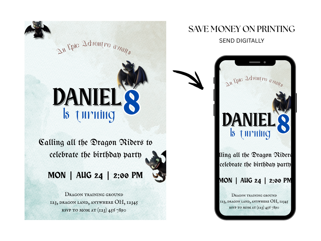 Birthday party invitation for Daniel with dragon graphics, shown on a phone screen.