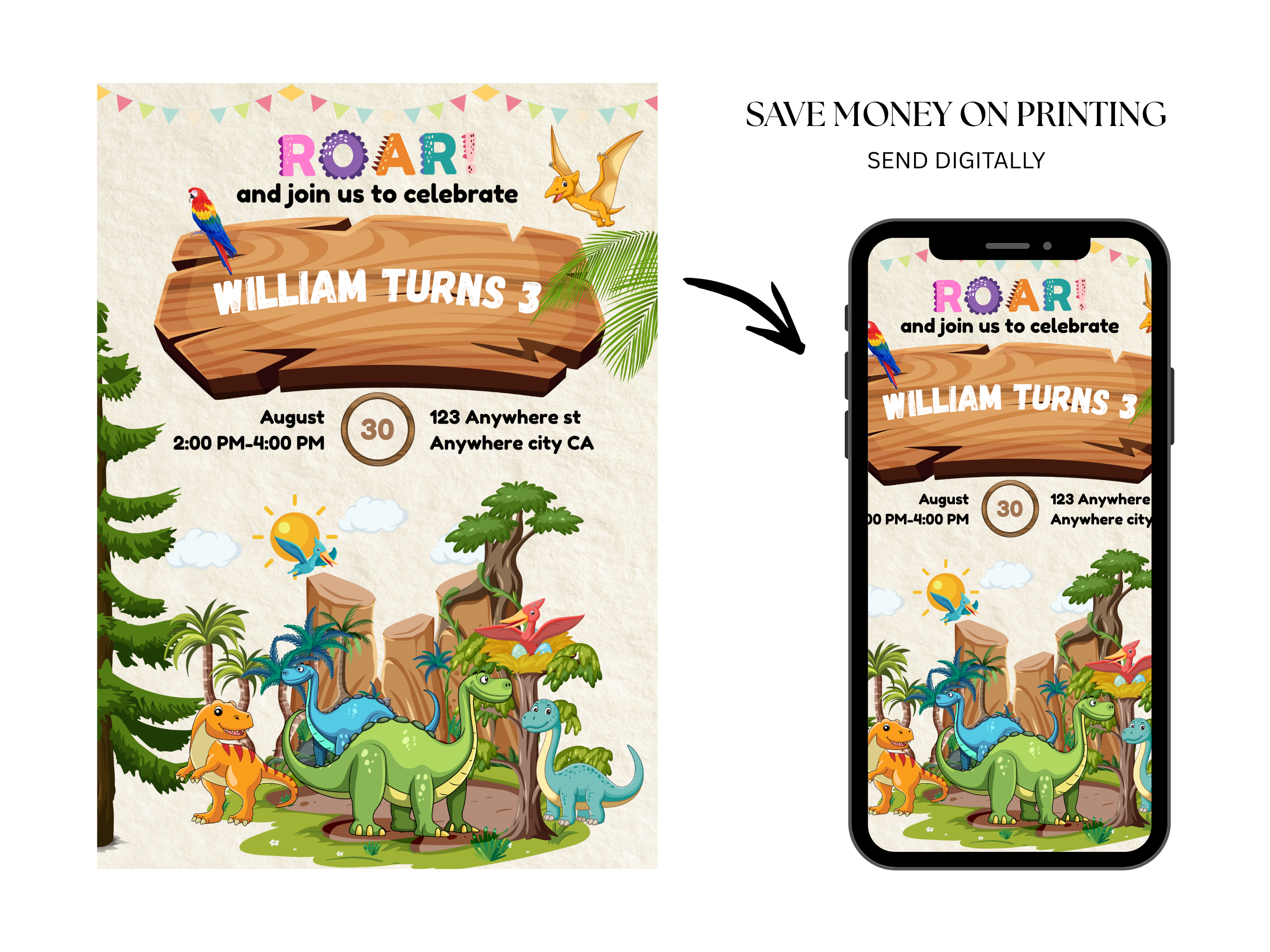 Children's birthday invitation with dinosaurs and a phone displaying the same design.