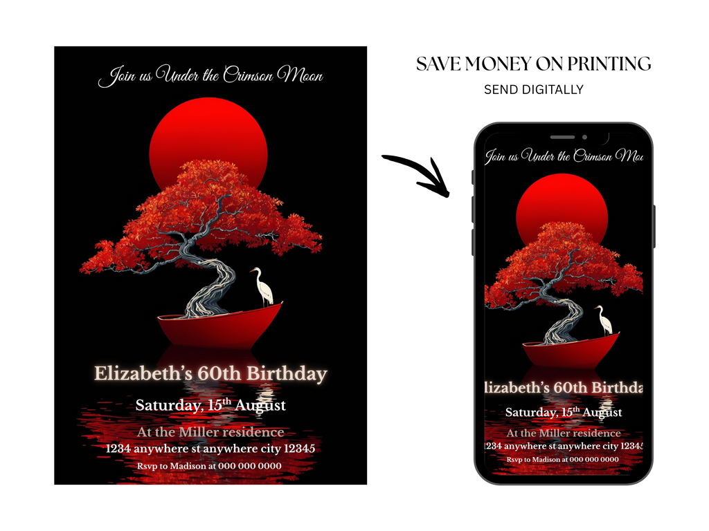 Birthday invitation card with red tree design on black background, shown on a phone screen.