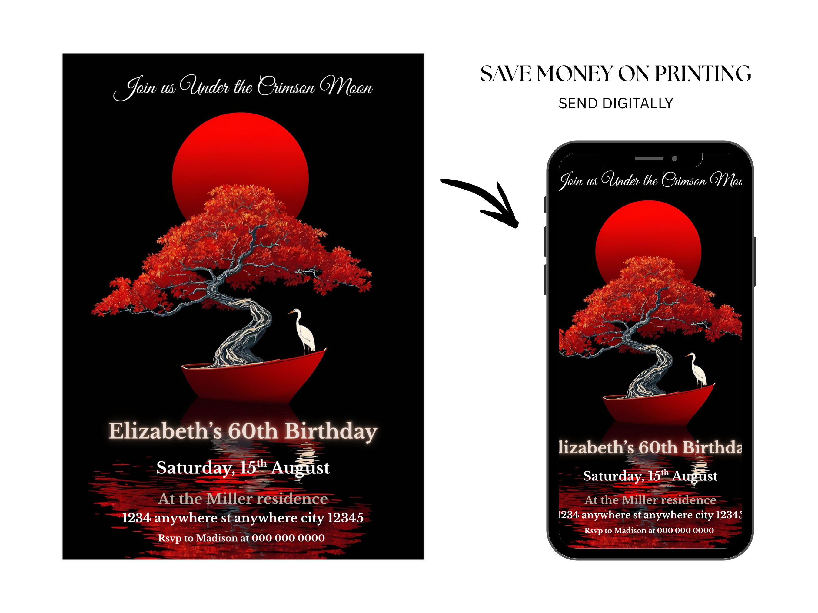 Birthday invitation card with red tree design on black background, shown on a phone screen.