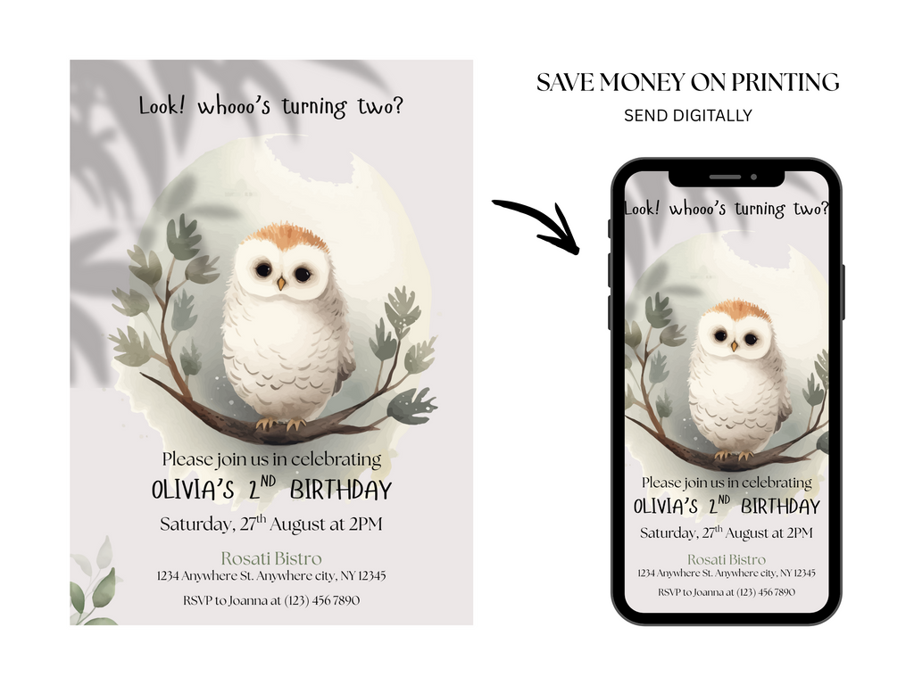 Birthday invitation card with owl design and digital version on phone screen.