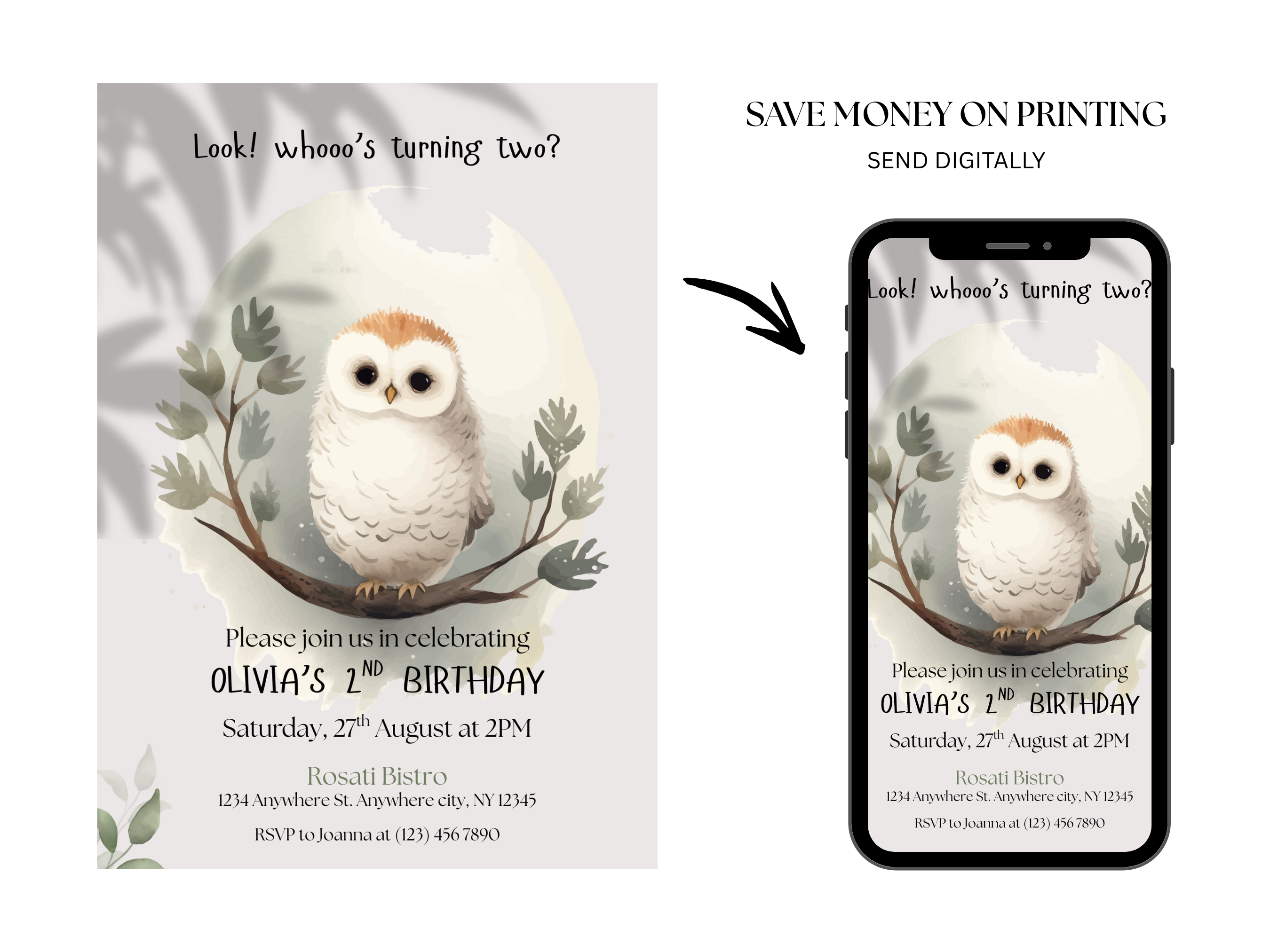 Birthday invitation card with owl design and digital version on phone screen.