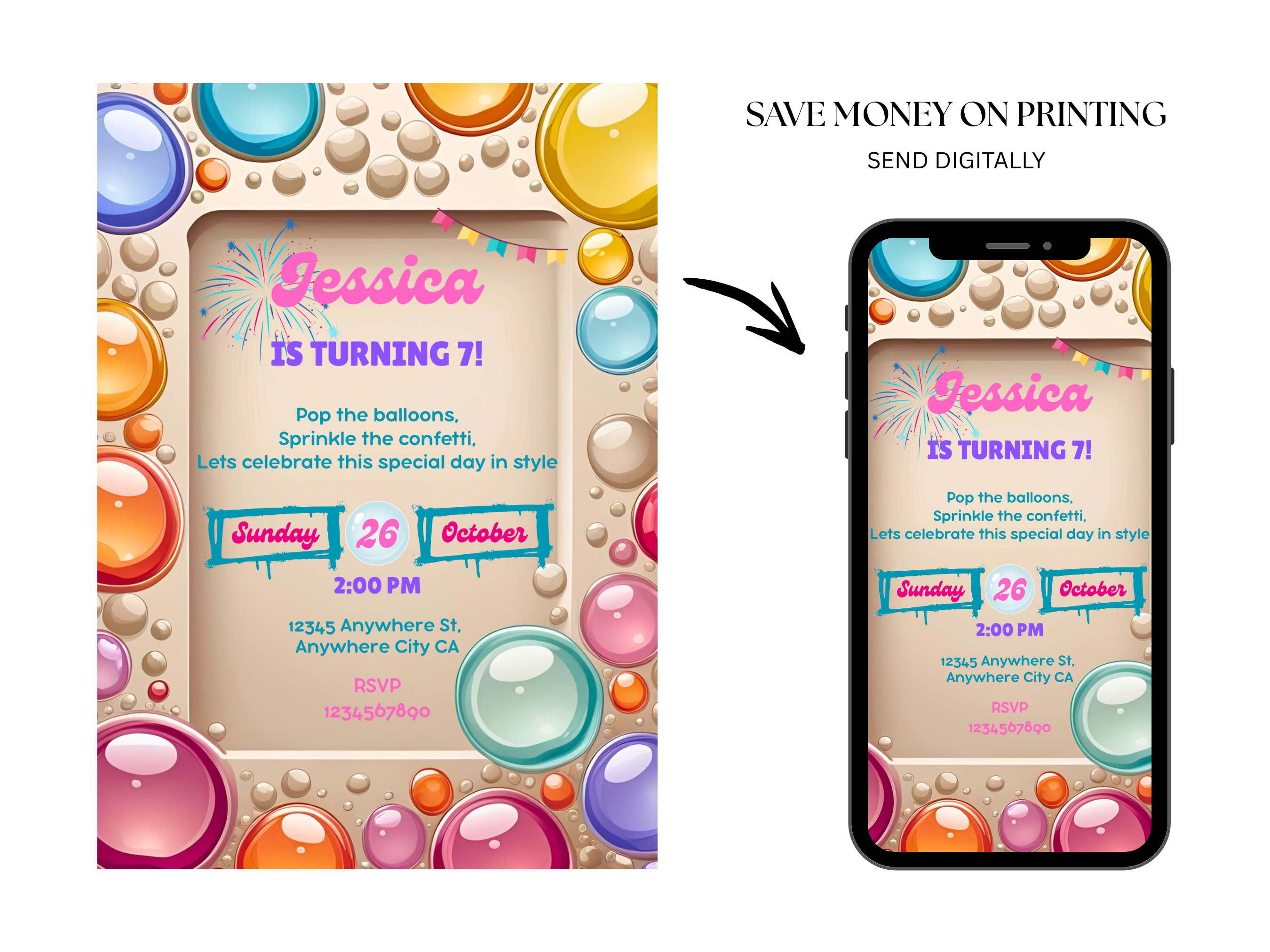 Birthday invitation card with colorful bubbles and a smartphone displaying the same design.