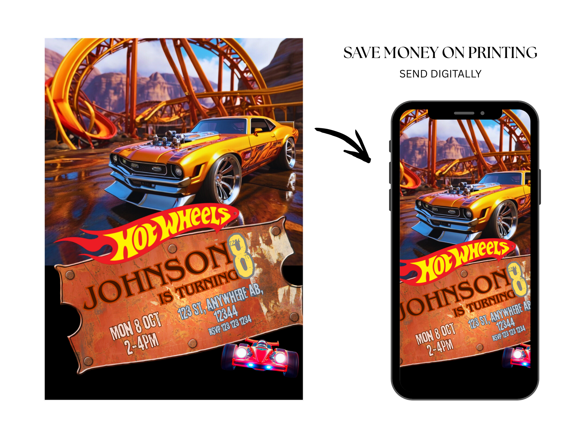 Hot Wheels Birthday Invitation Template – Editable Race Car Party Invite for Boys – Instant Download via Canva