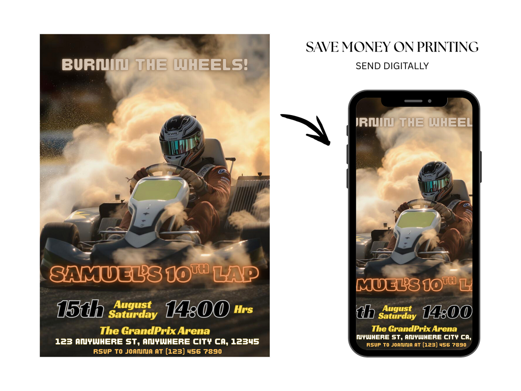 Promotional poster for a racing event with a person in a helmet and car, displayed on a phone screen.