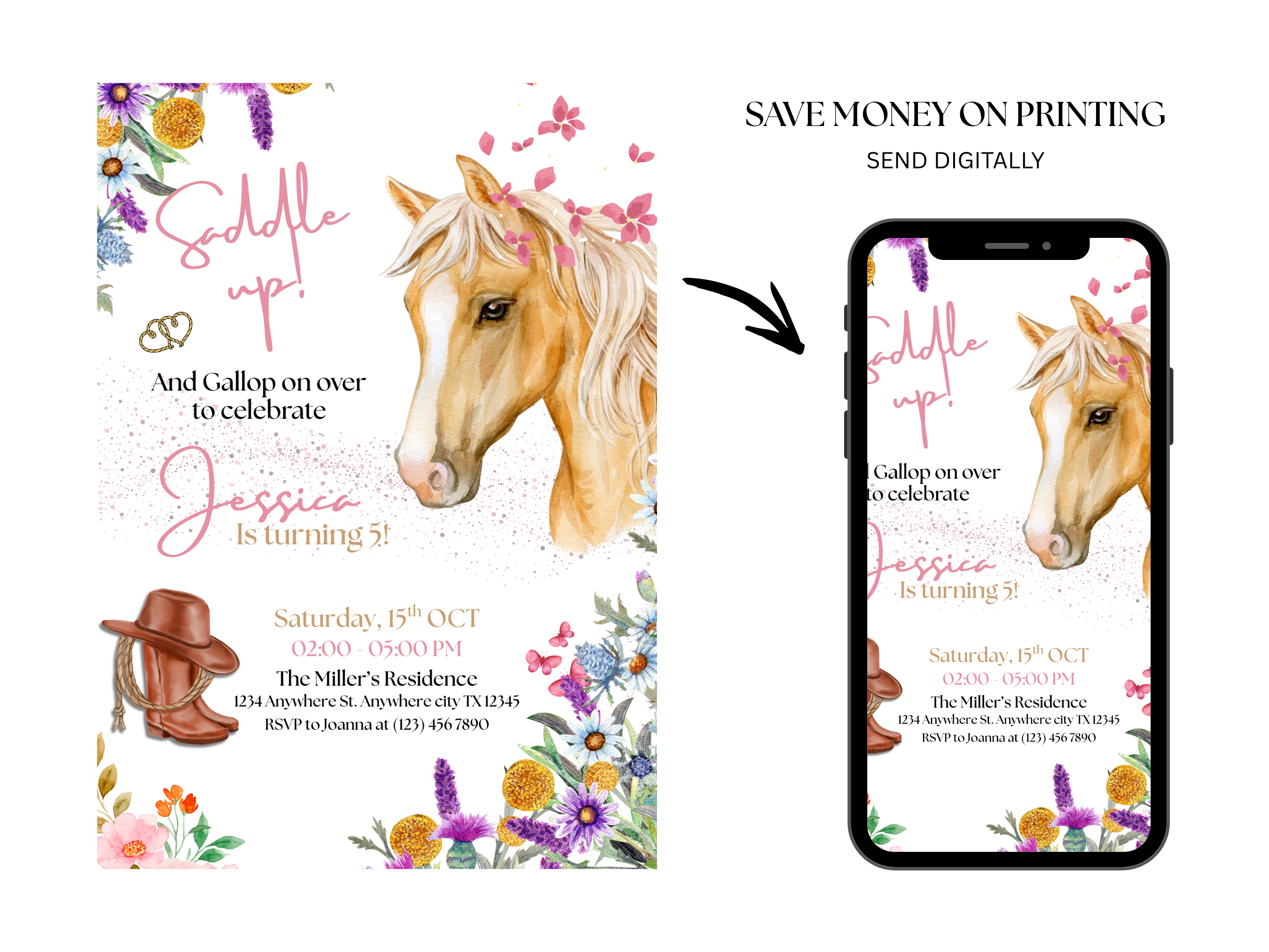 Horse-themed birthday invitation with digital option on smartphone screen