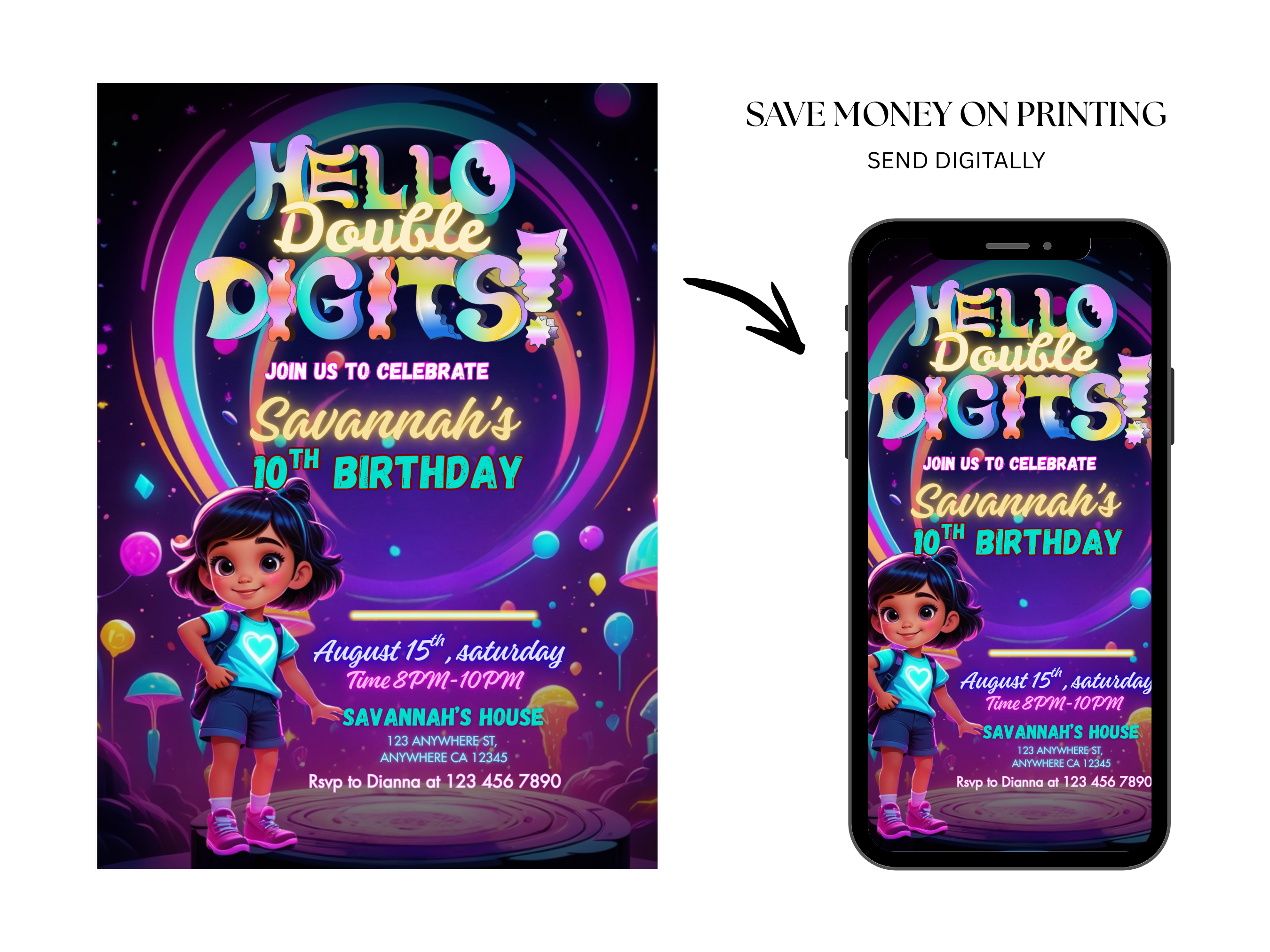Birthday invitation card for Savannah with a digital version on a smartphone screen.