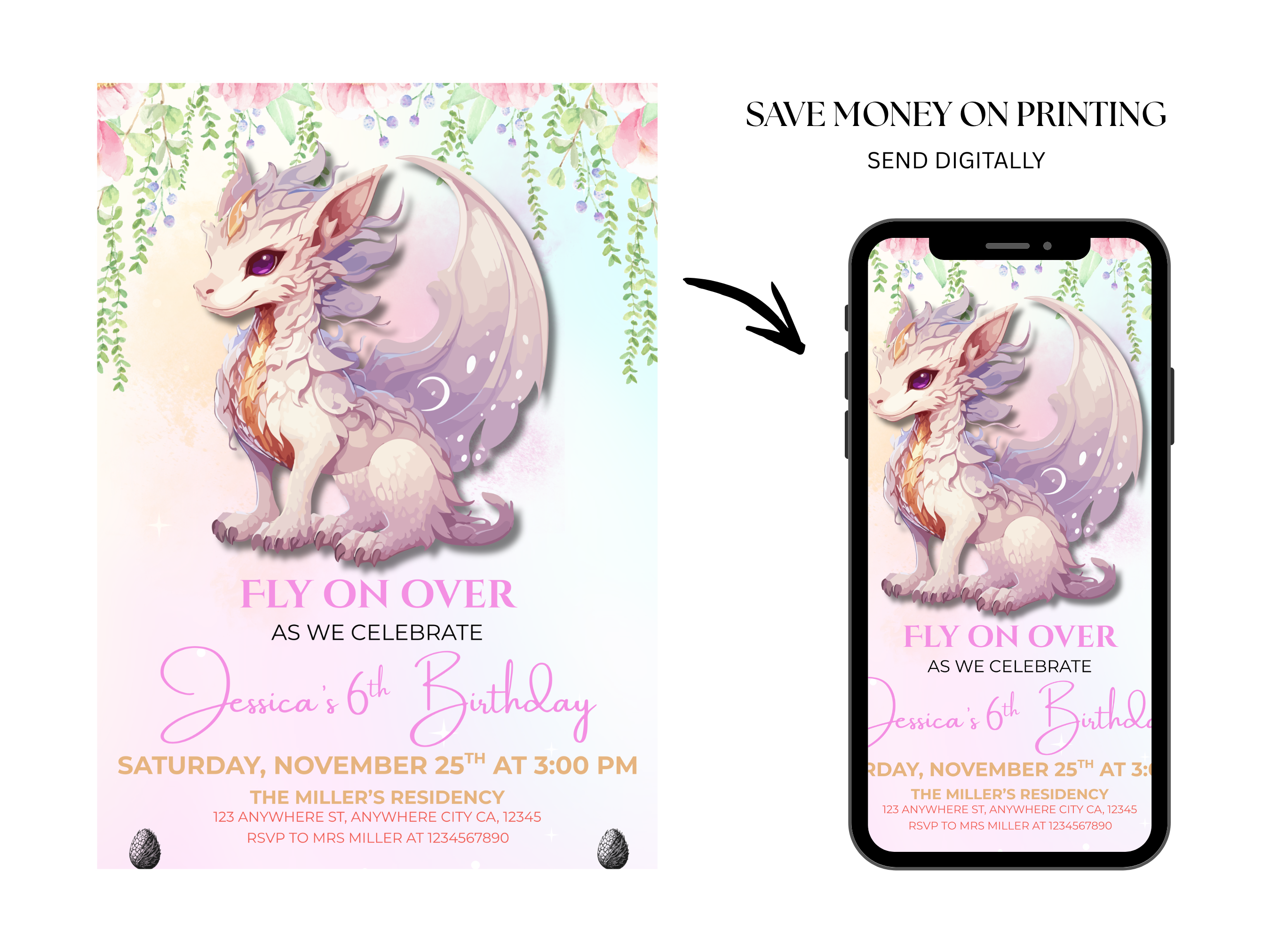 Birthday invitation with dragon design on a phone screen, with text about digital printing.