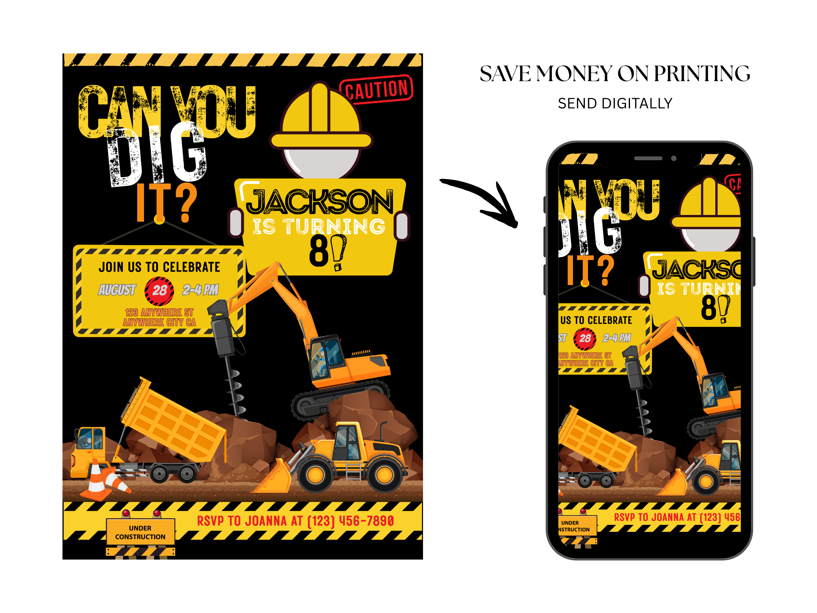 Construction-themed birthday invitation with excavator and dump truck graphics on a smartphone screen.