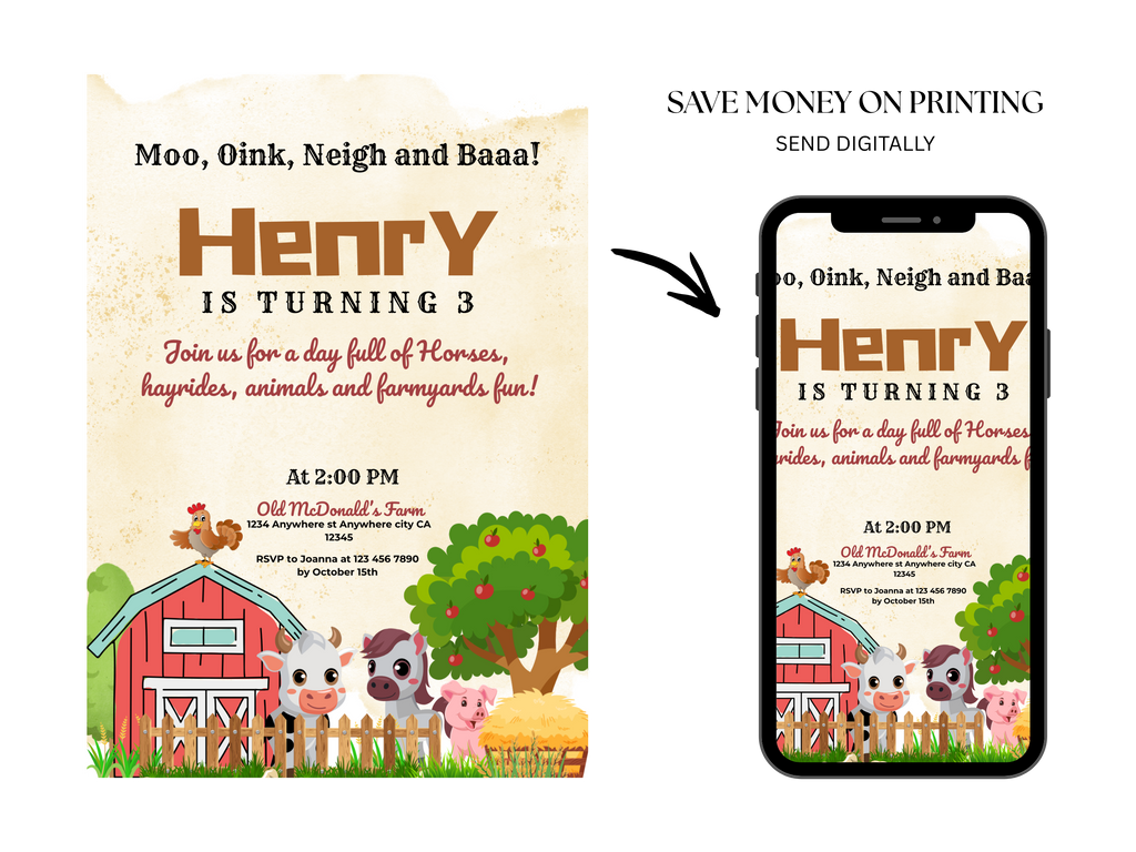 Children's birthday invitation with farm animals and a phone displaying the same design.