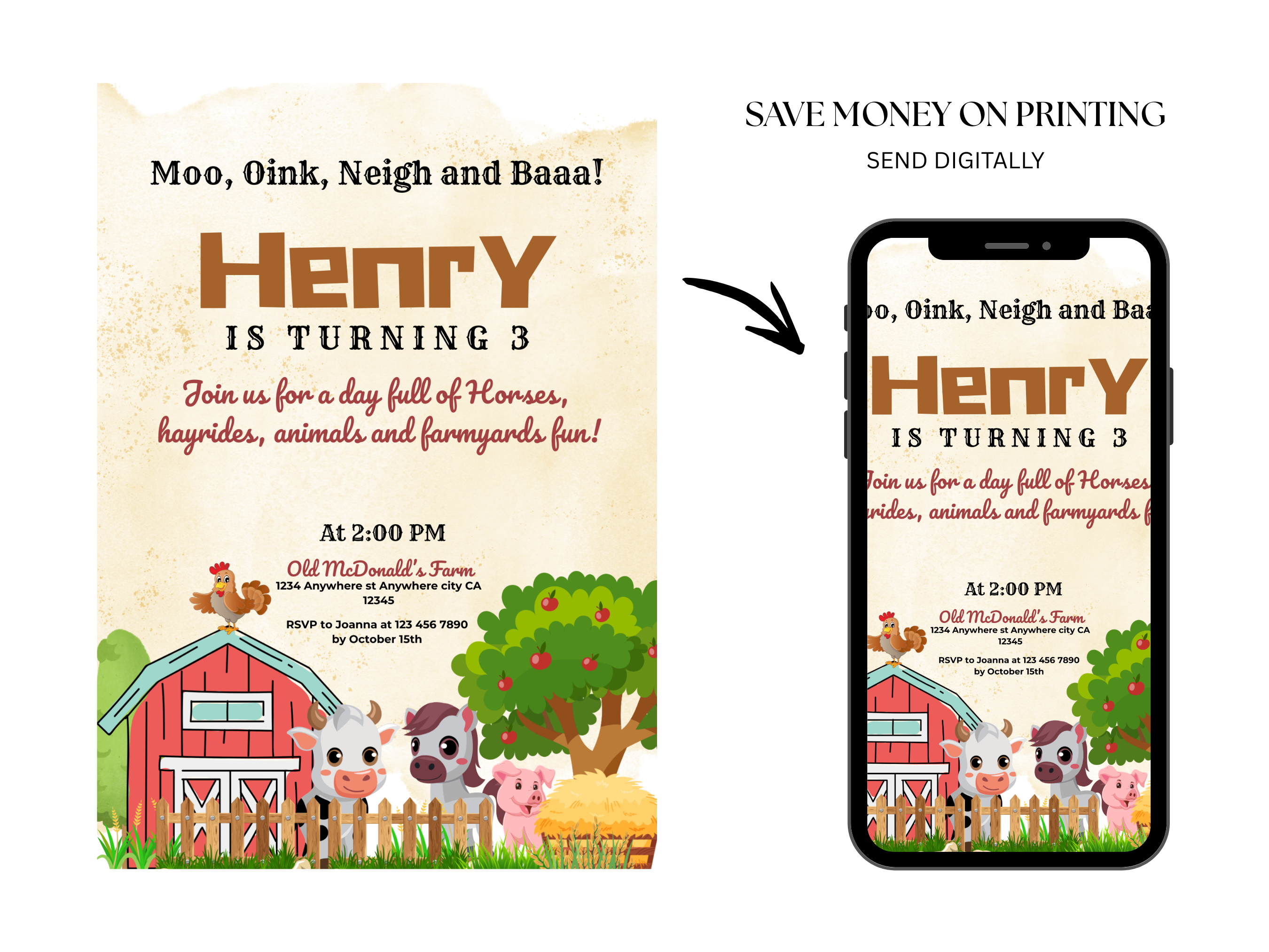 Children's birthday invitation with farm animals and a phone displaying the same design.