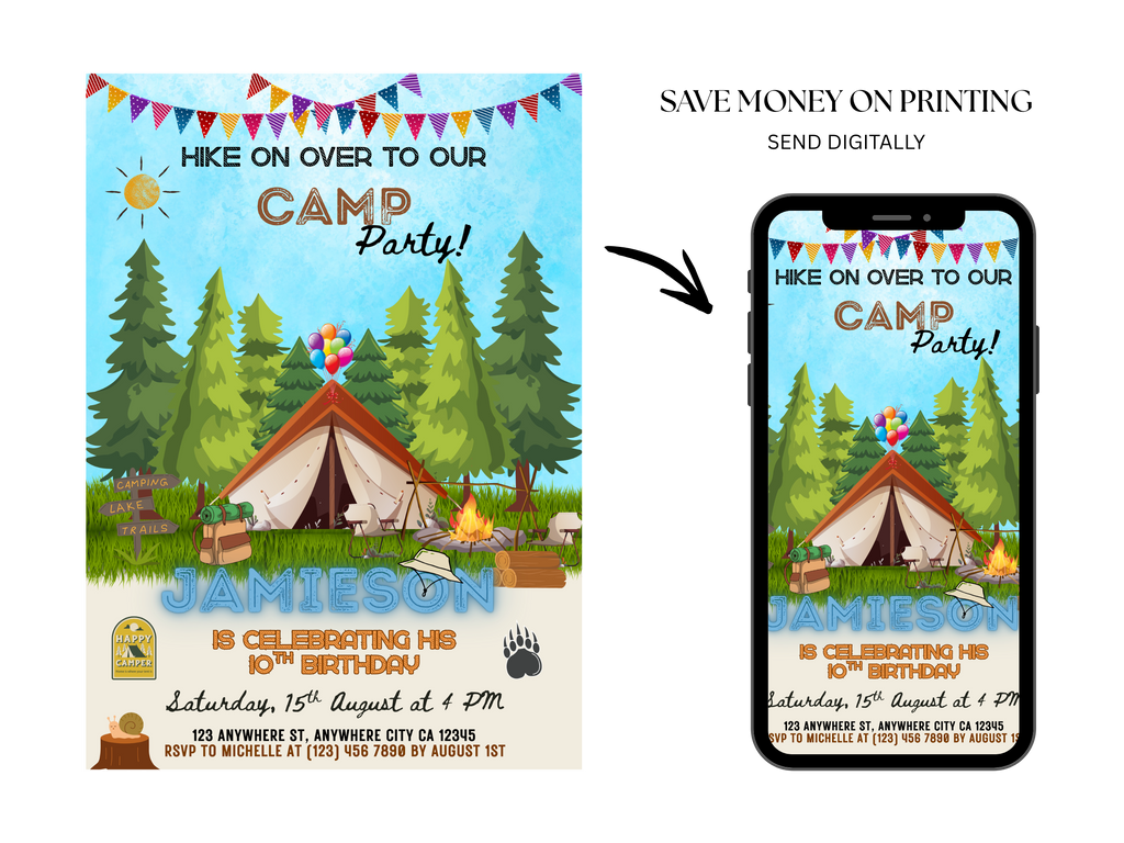 Camp party invitation with tent, trees, and balloons on a phone screen.