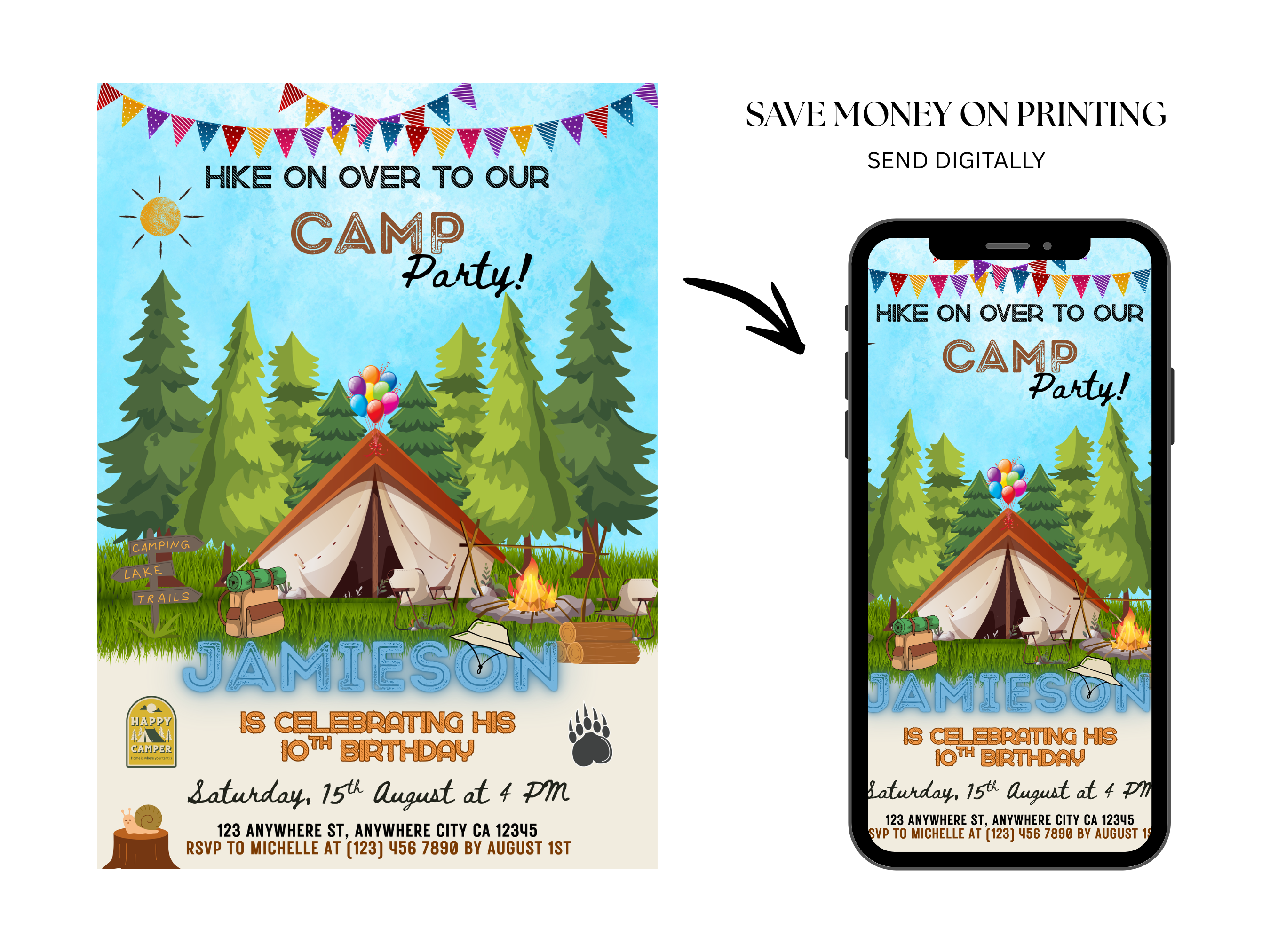Camp party invitation with tent, trees, and balloons on a phone screen.