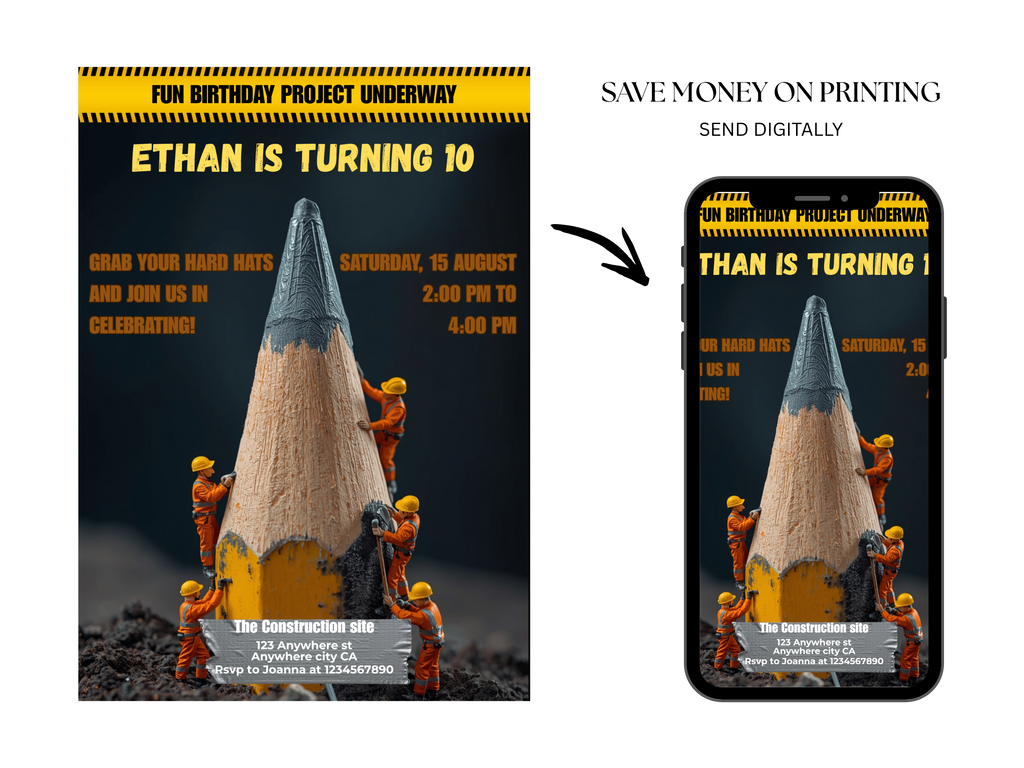 Birthday invitation card with construction theme and digital option on smartphone screen.