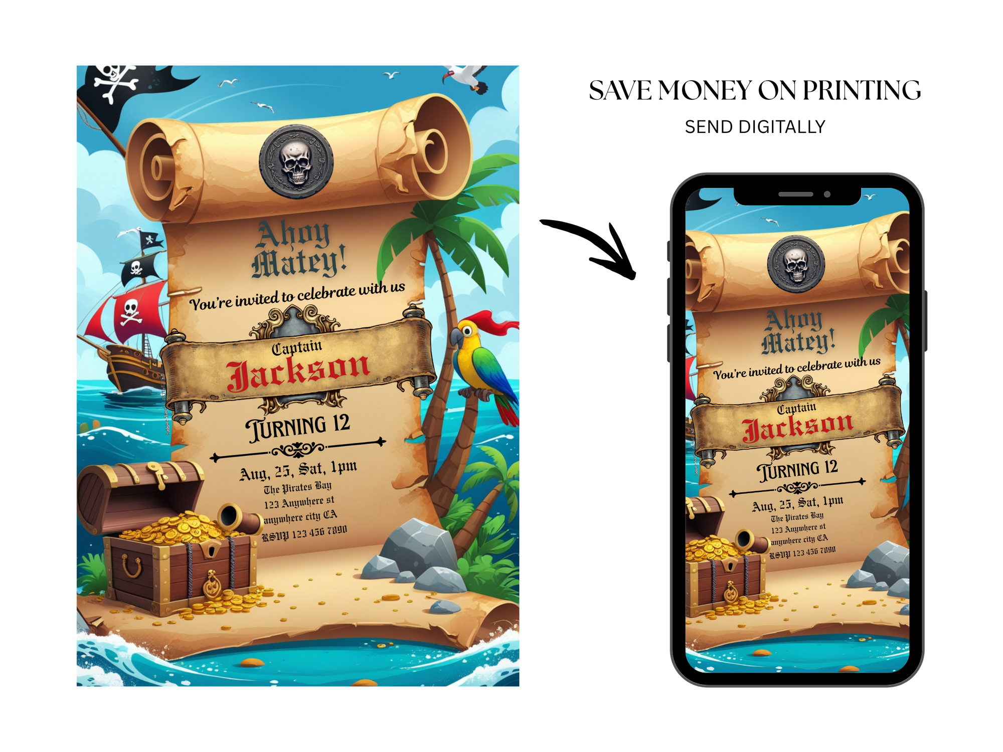 Pirate Birthday Invitation Template – Editable Treasure Map Party Invite for Boys – Printable Digital Download