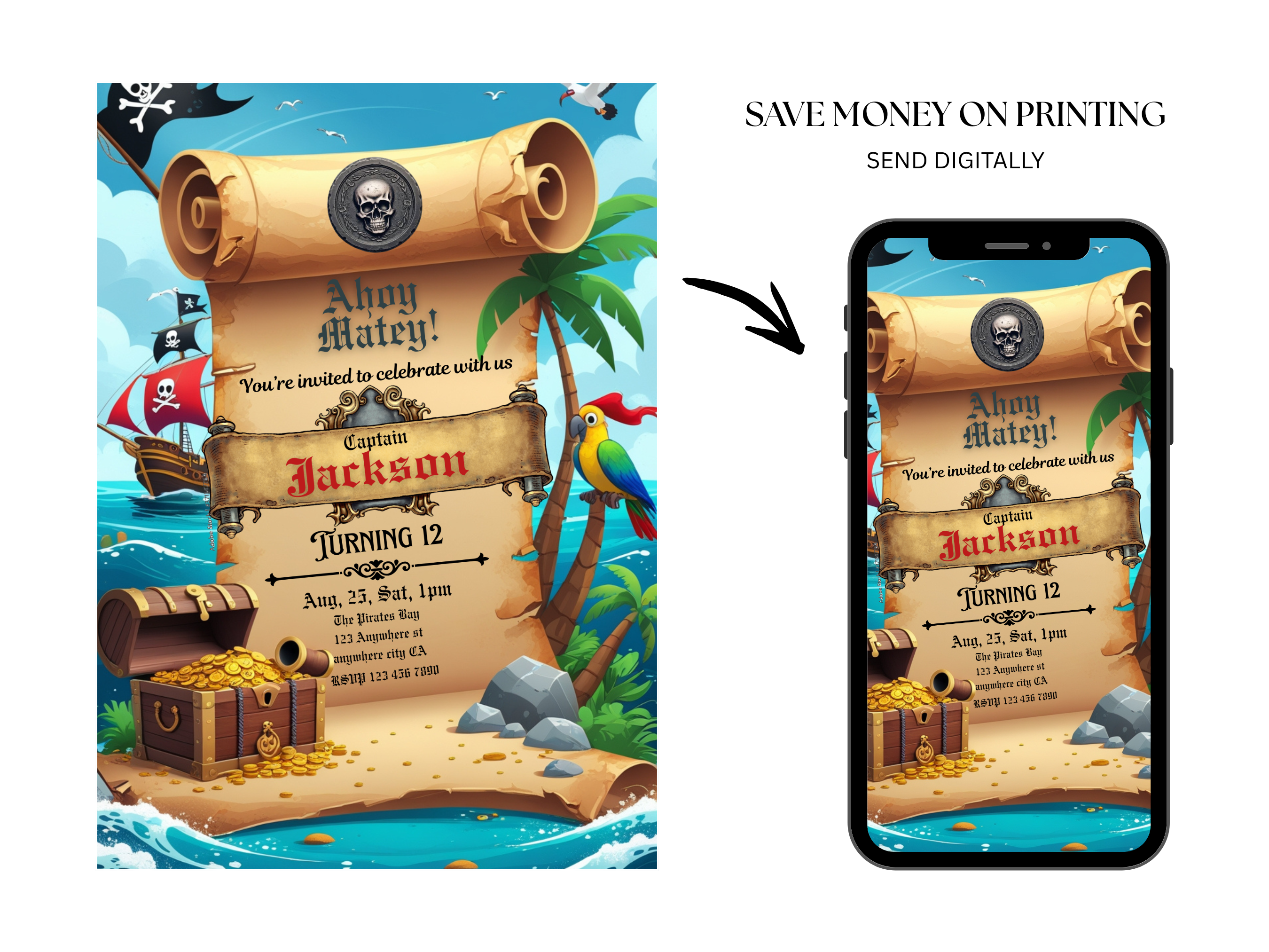 Pirate Birthday Invitation Template – Editable Treasure Map Party Invite for Boys – Printable Digital Download