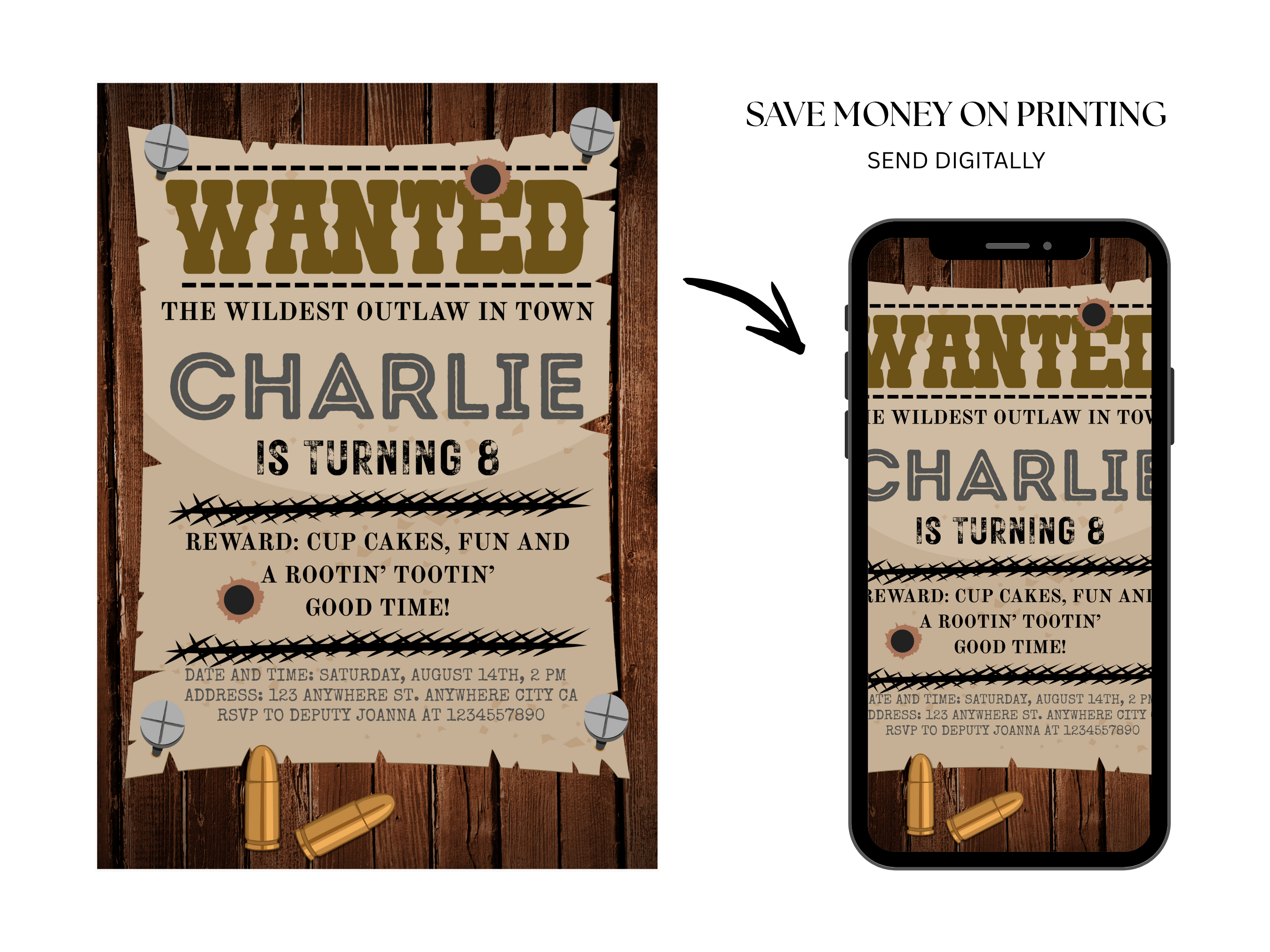 Wanted poster design for a birthday party on a wooden background