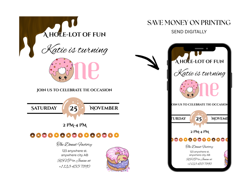 Donut-themed birthday invitation with digital printing option on a smartphone screen.