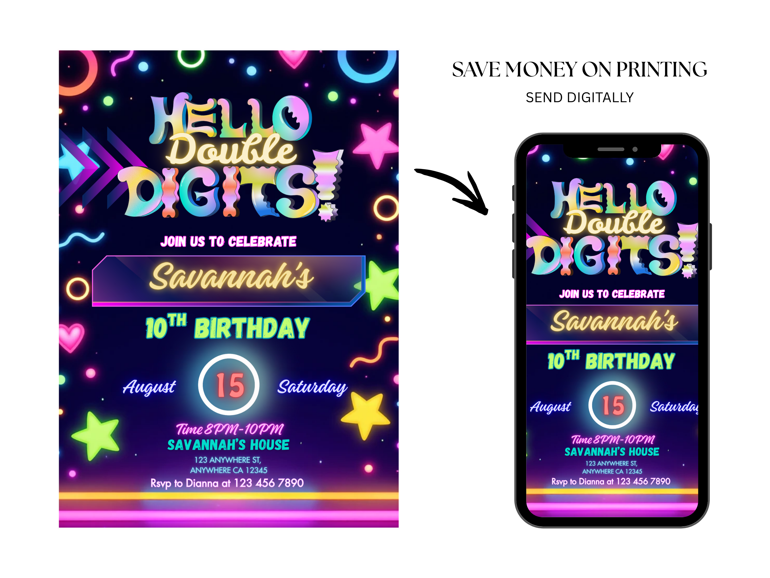Birthday invitation card with colorful design and digital version on a phone screen.