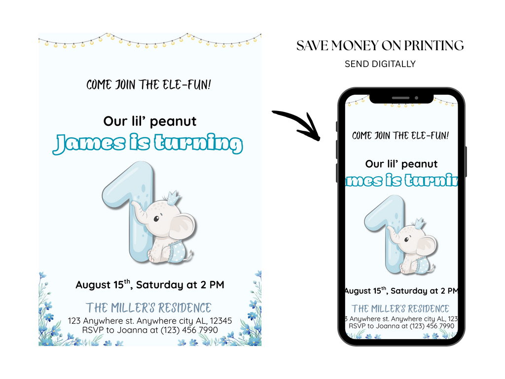 Birthday invitation card with a phone displaying the same design, featuring text and a baby elephant graphic.