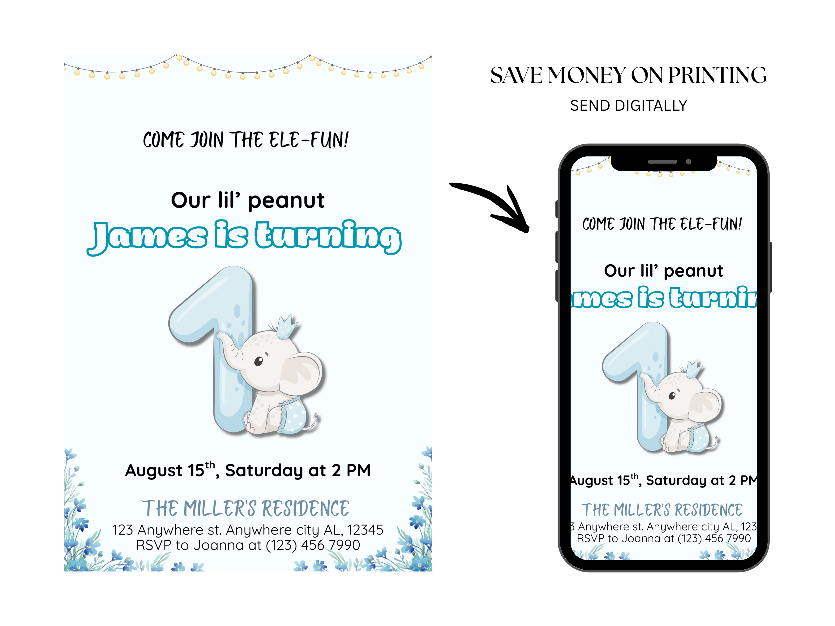 Birthday invitation card with a phone displaying the same design, featuring text and a baby elephant graphic.