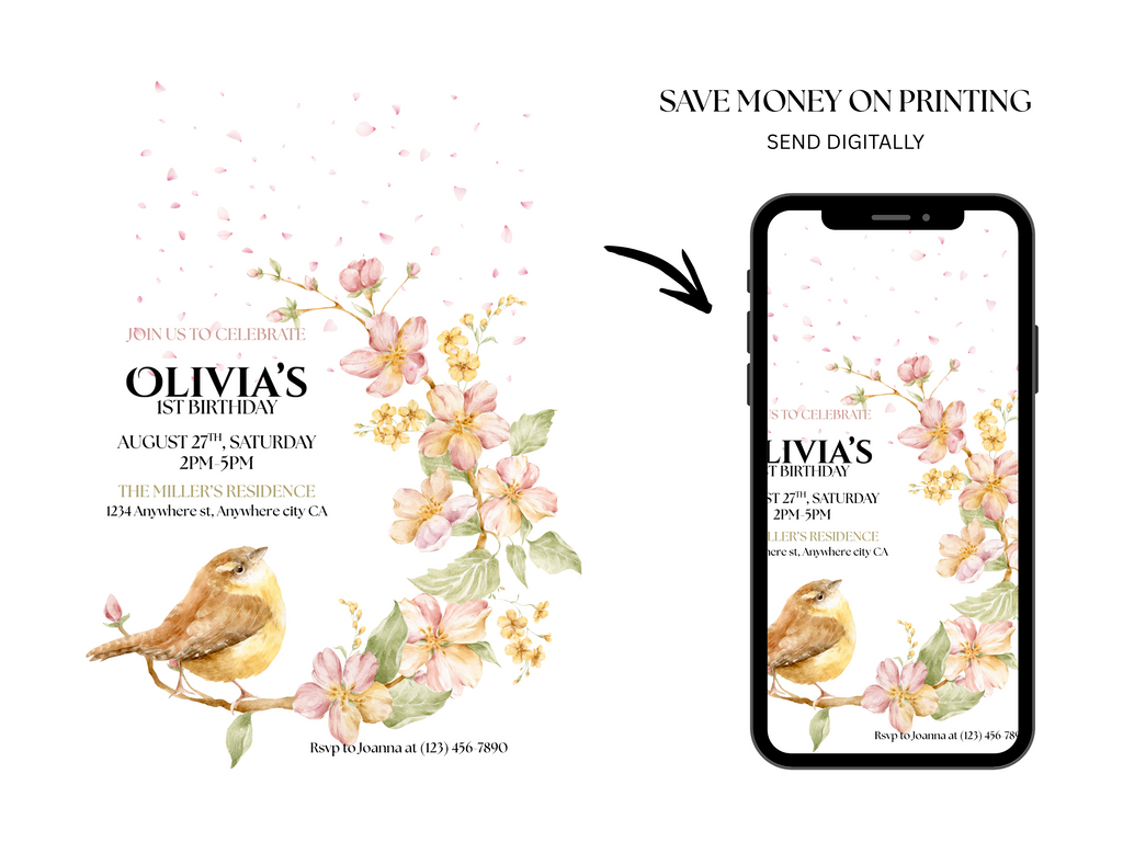 Birthday invitation with floral design and bird, displayed on a smartphone screen.