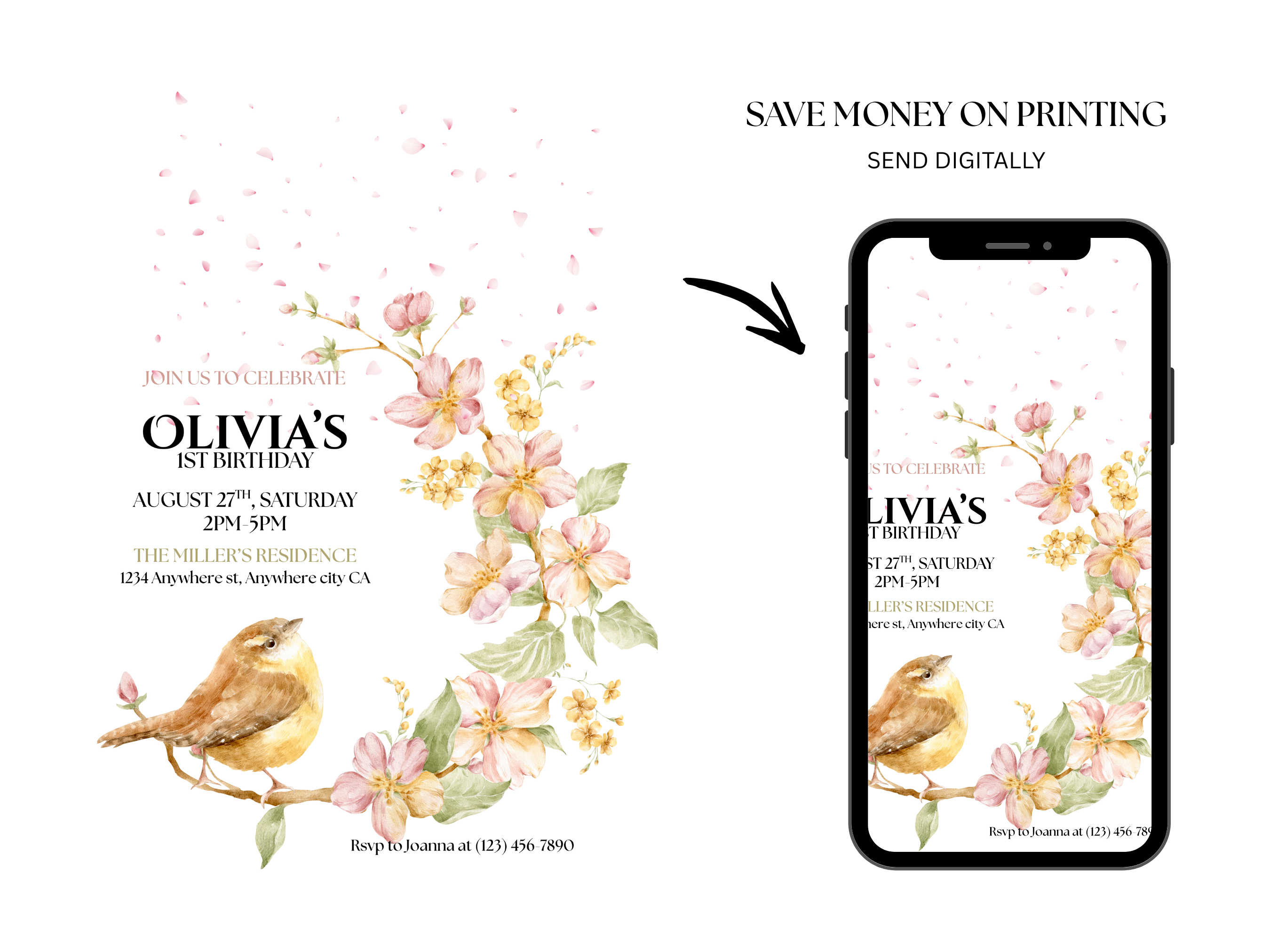 Birthday invitation with floral design and bird, displayed on a smartphone screen.