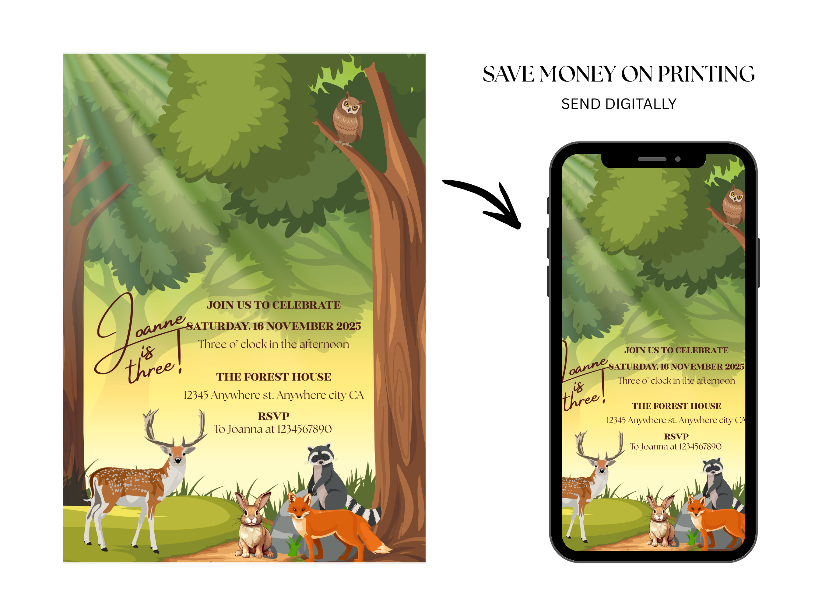 Forest-themed birthday invitation with animals on a printed paper and smartphone display.