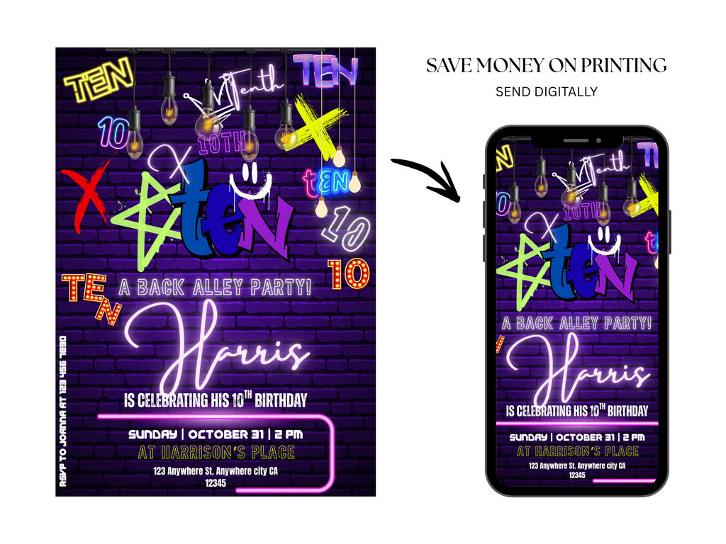 Neon-themed birthday party invitation with digital option on smartphone screen
