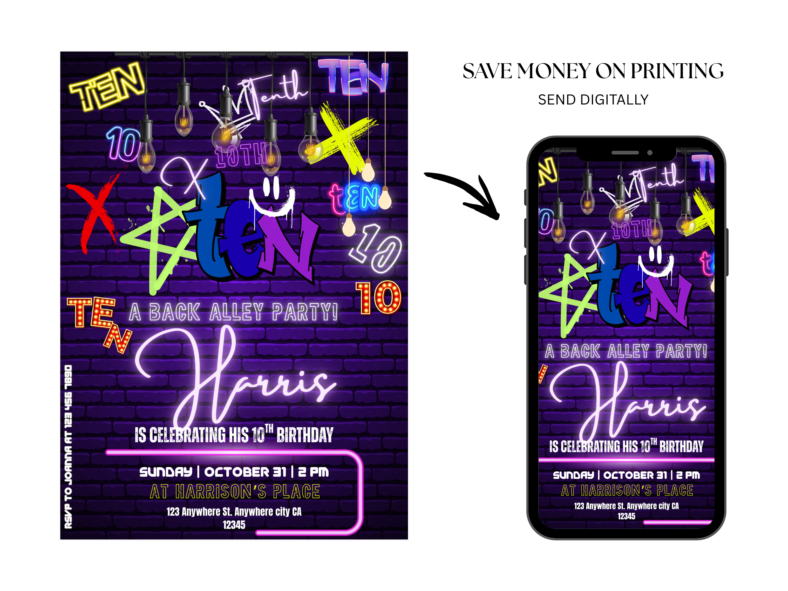 Neon-themed birthday party invitation with digital option on smartphone screen