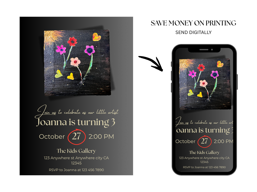 Invitation card with floral design and digital version on a phone screen.