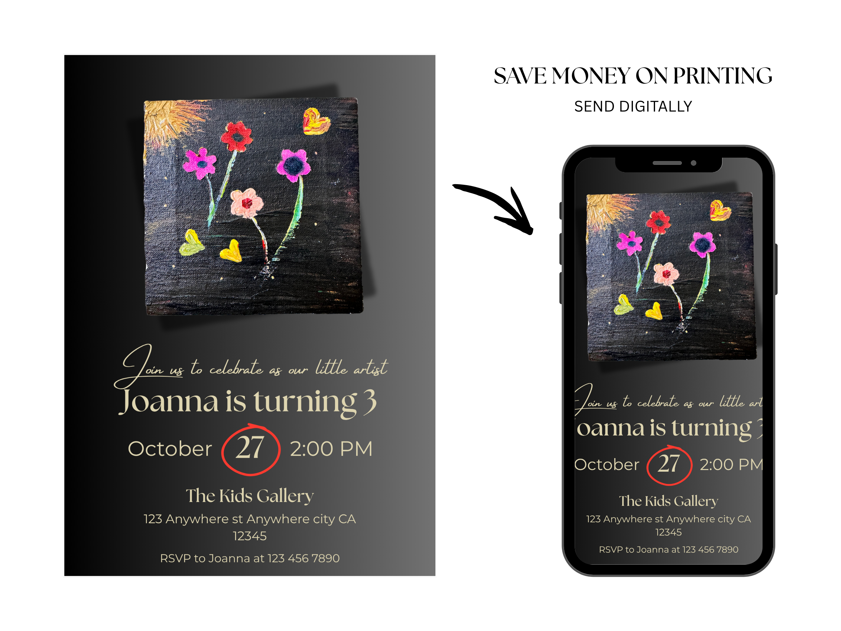 Invitation card with floral design and digital version on a phone screen.