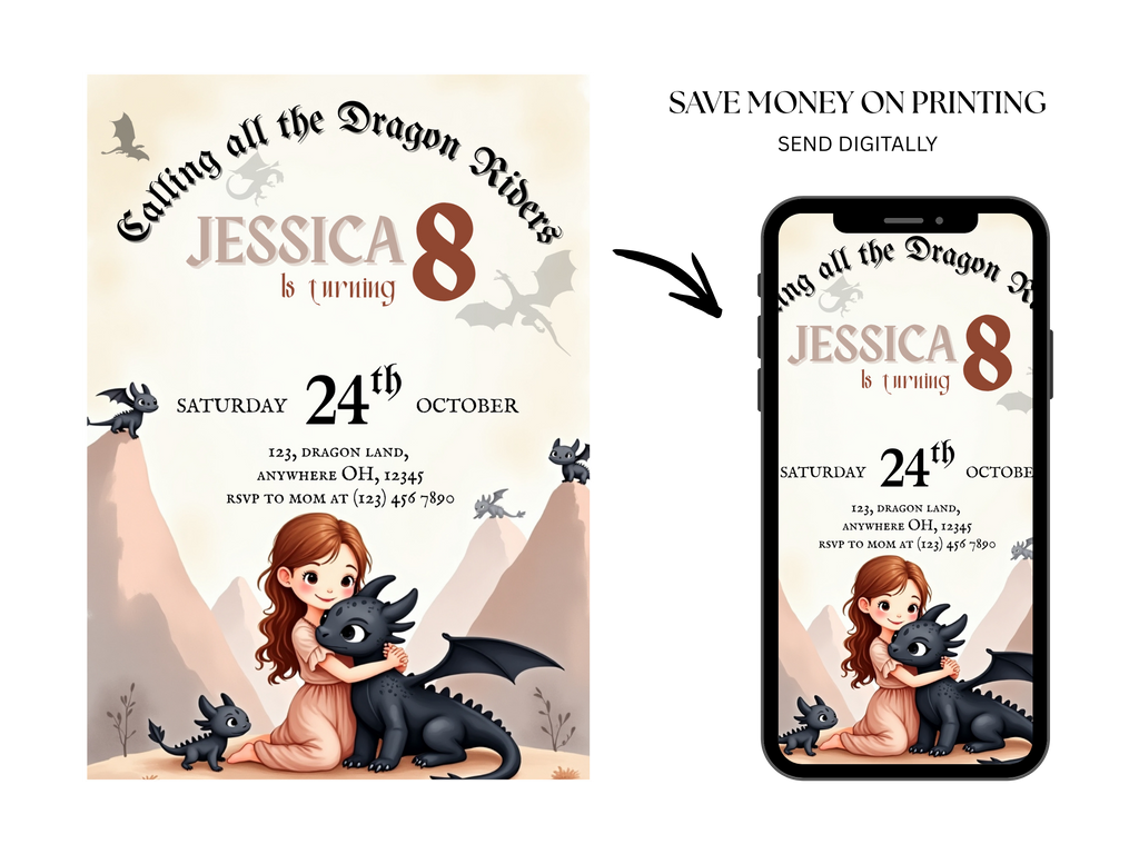 Invitation card with a girl and dragon design, displayed on a phone screen.