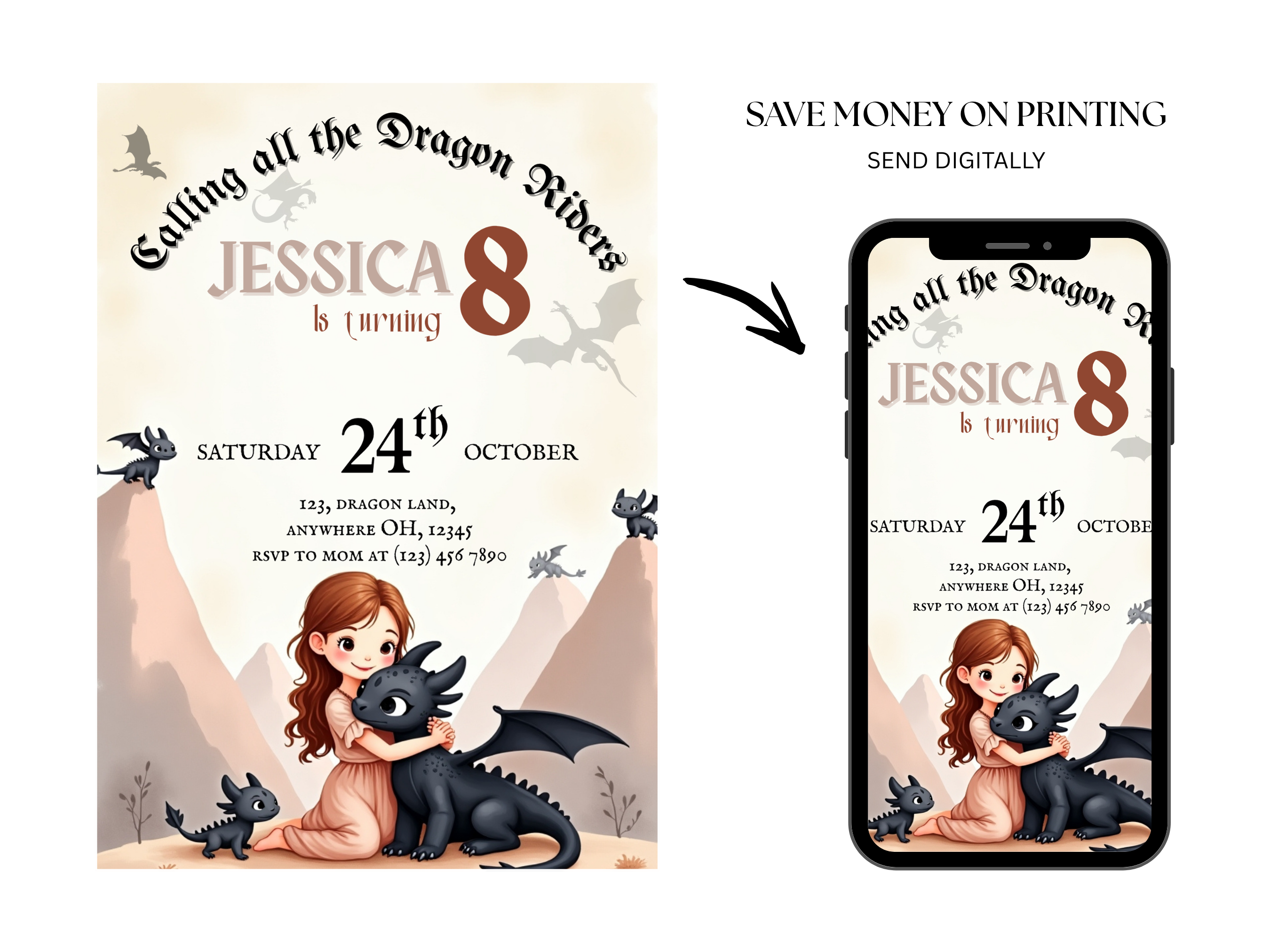 Invitation card with a girl and dragon design, displayed on a phone screen.