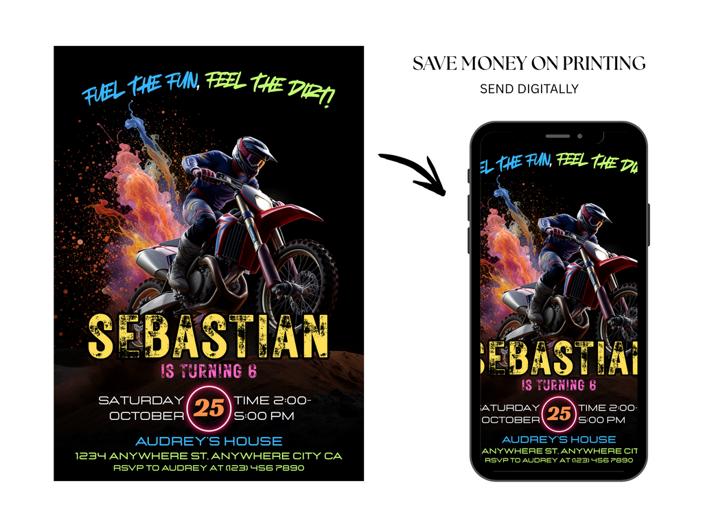 Birthday party invitation with motorcycle rider design, shown on a phone screen.