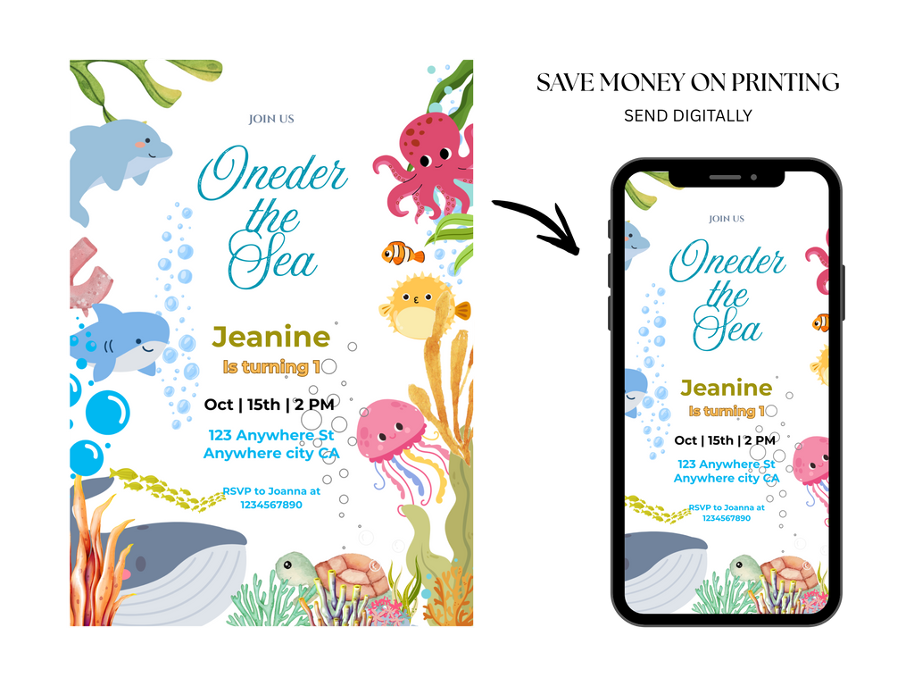 Underwater-themed birthday invitation with digital option on a smartphone screen.
