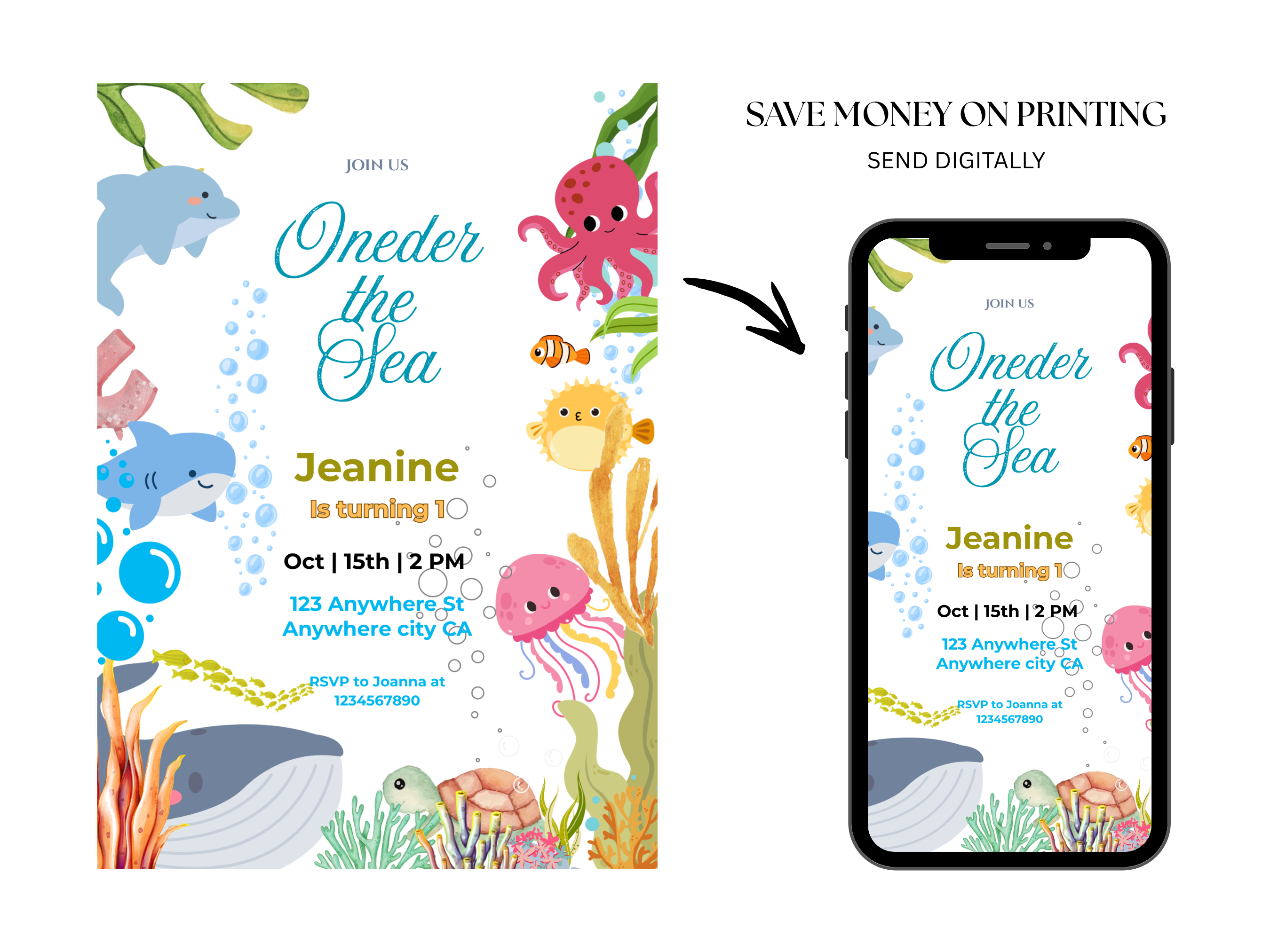 Underwater-themed birthday invitation with digital option on a smartphone screen.