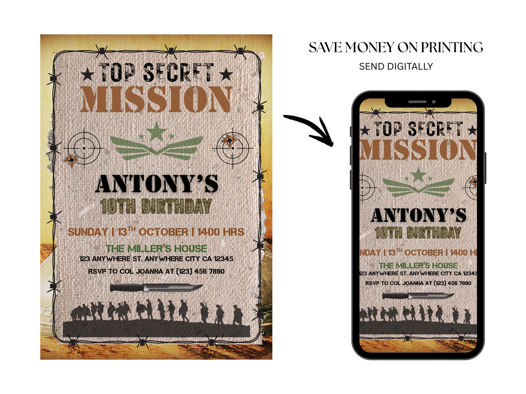 Birthday invitation card with 'Top Secret Mission' theme and digital option on a phone screen.