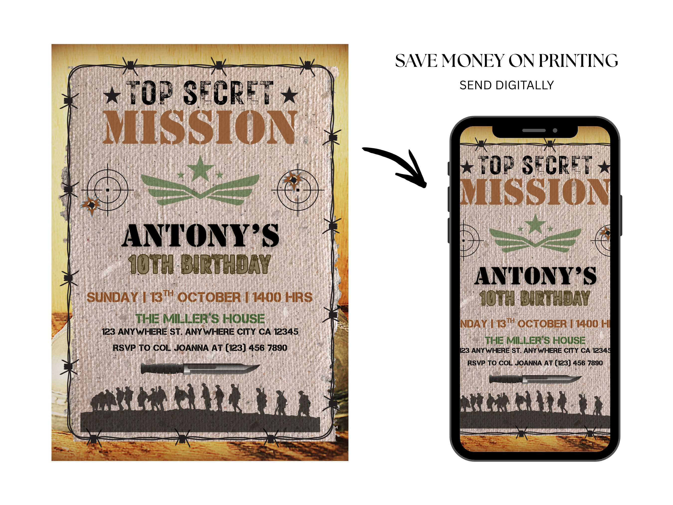 Birthday invitation card with 'Top Secret Mission' theme and digital option on a phone screen.