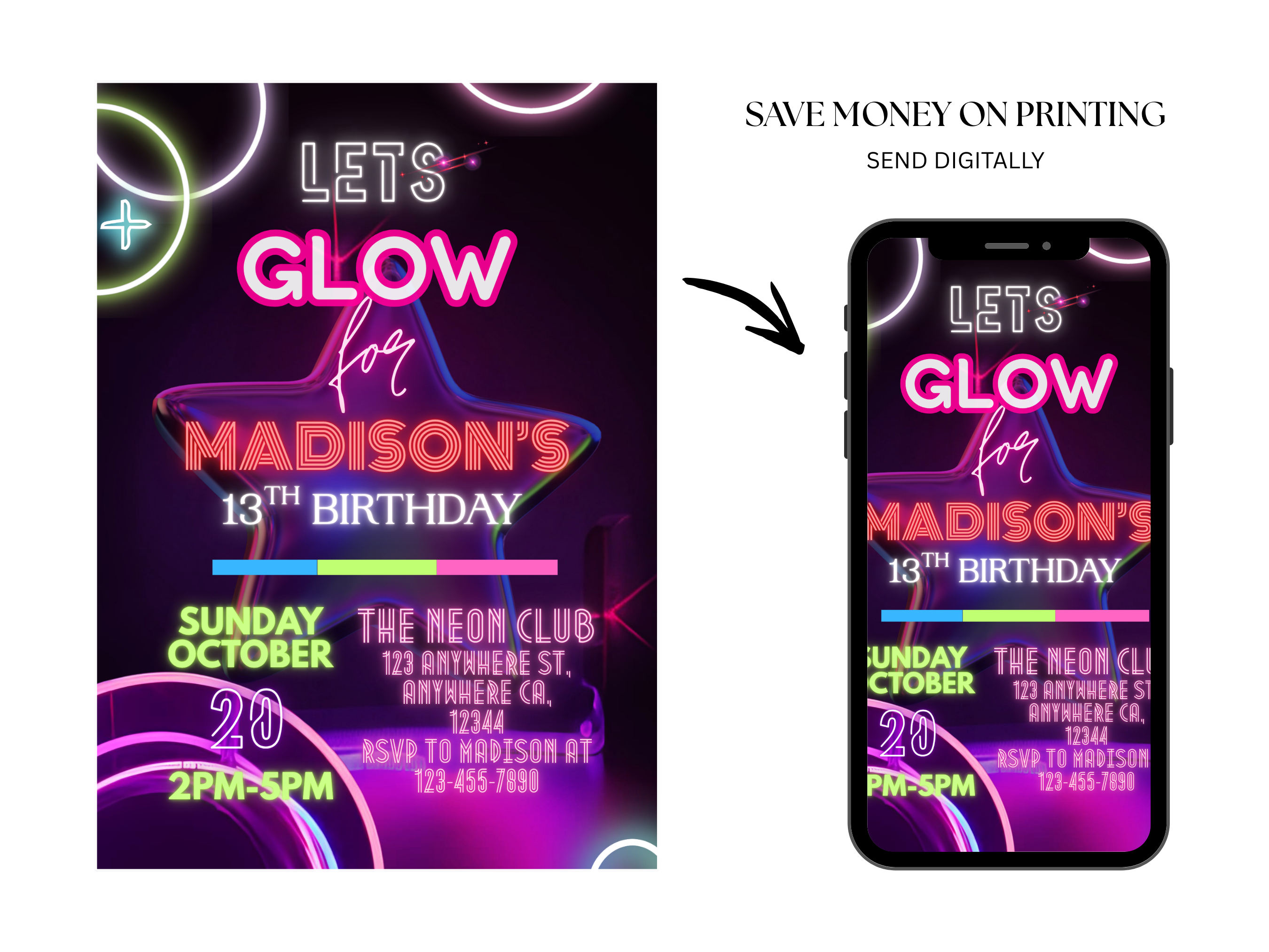Neon-themed birthday invitation on a phone screen with text about digital printing.