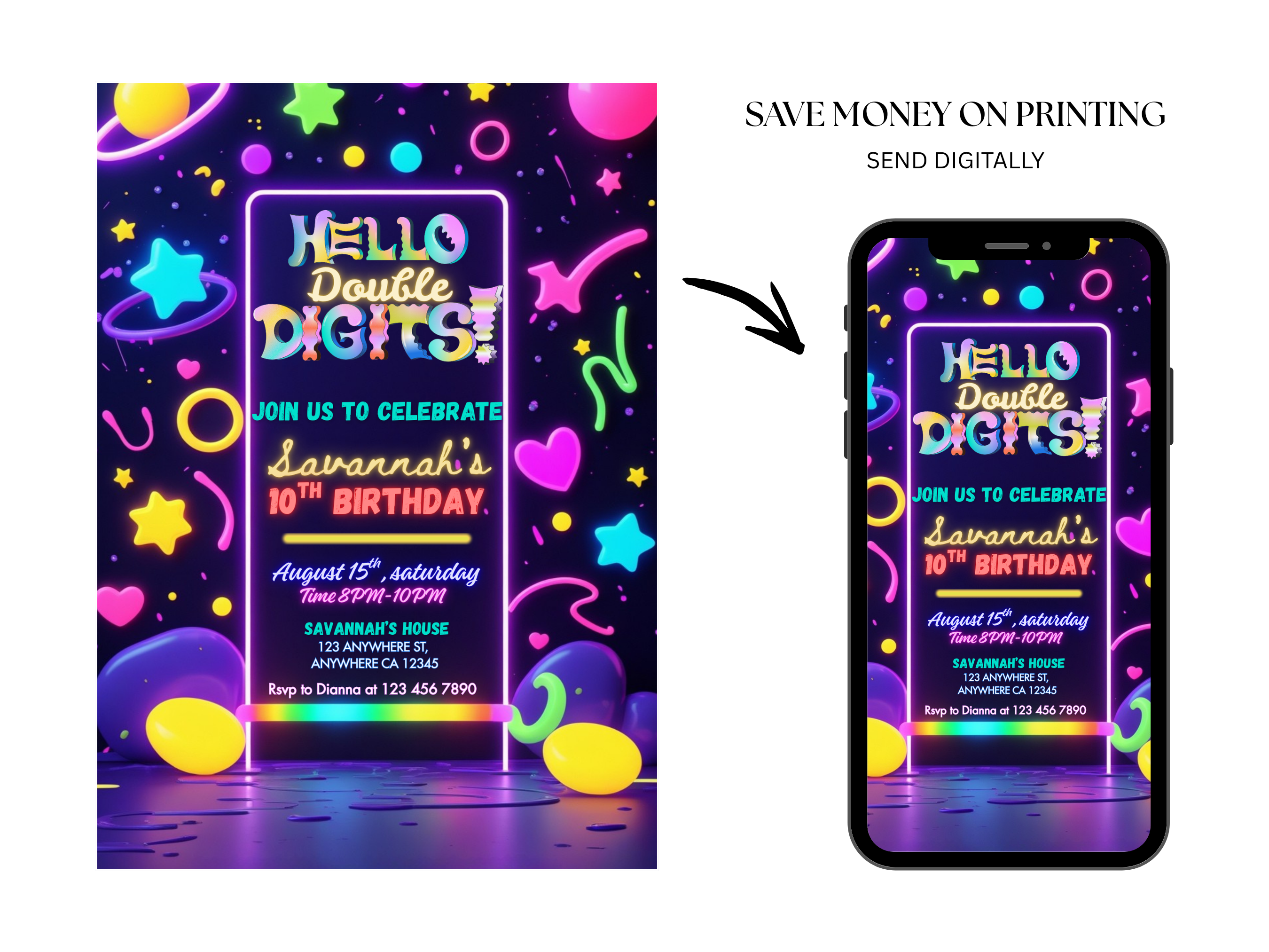 Neon-themed birthday invitation card with digital version on smartphone