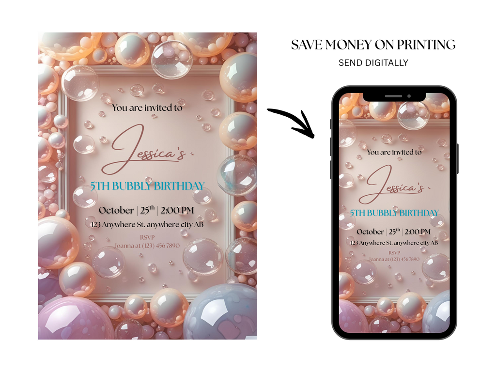 Invitation card with bubble design and digital option on smartphone screen