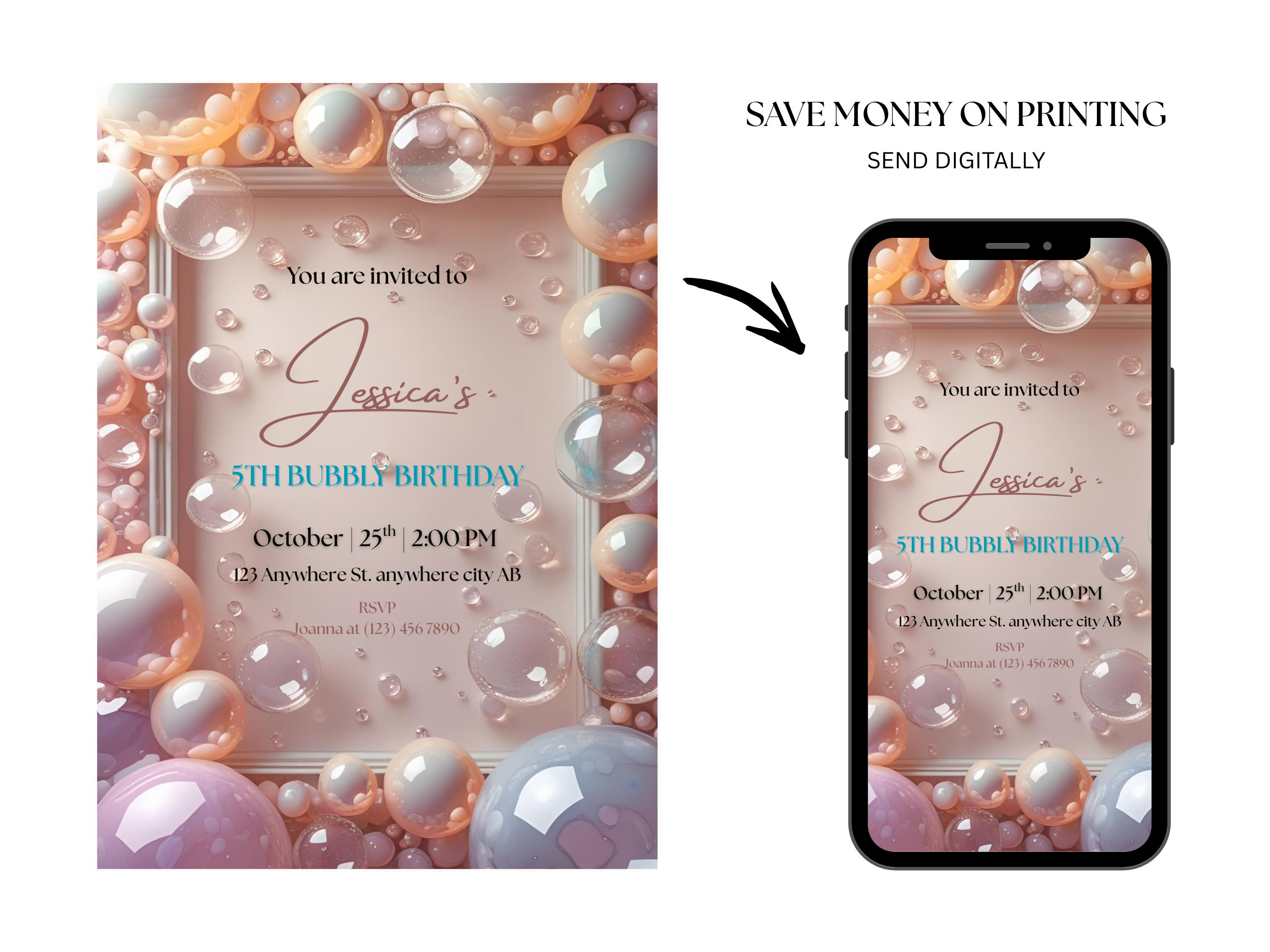 Invitation card with bubble design and digital option on smartphone screen